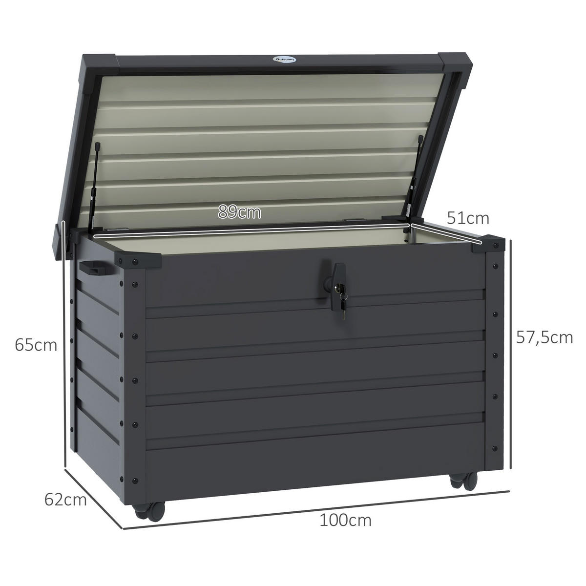 AUFBEWAHRUNGSKISTE mit Rollen mit Schloss, für Balkon, Terrasse, Stahl, Dunkelgrau - Dunkelgrau, Metall (62/65/100cm) - Outsunny