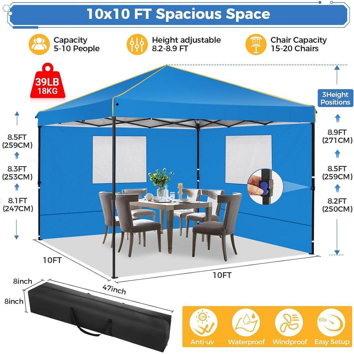 FALTPAVILLON 3 x 3 m wasserdicht mit Seitenwänden Lichtblau - Blau, Textil (299.7/271.8/299.7cm)