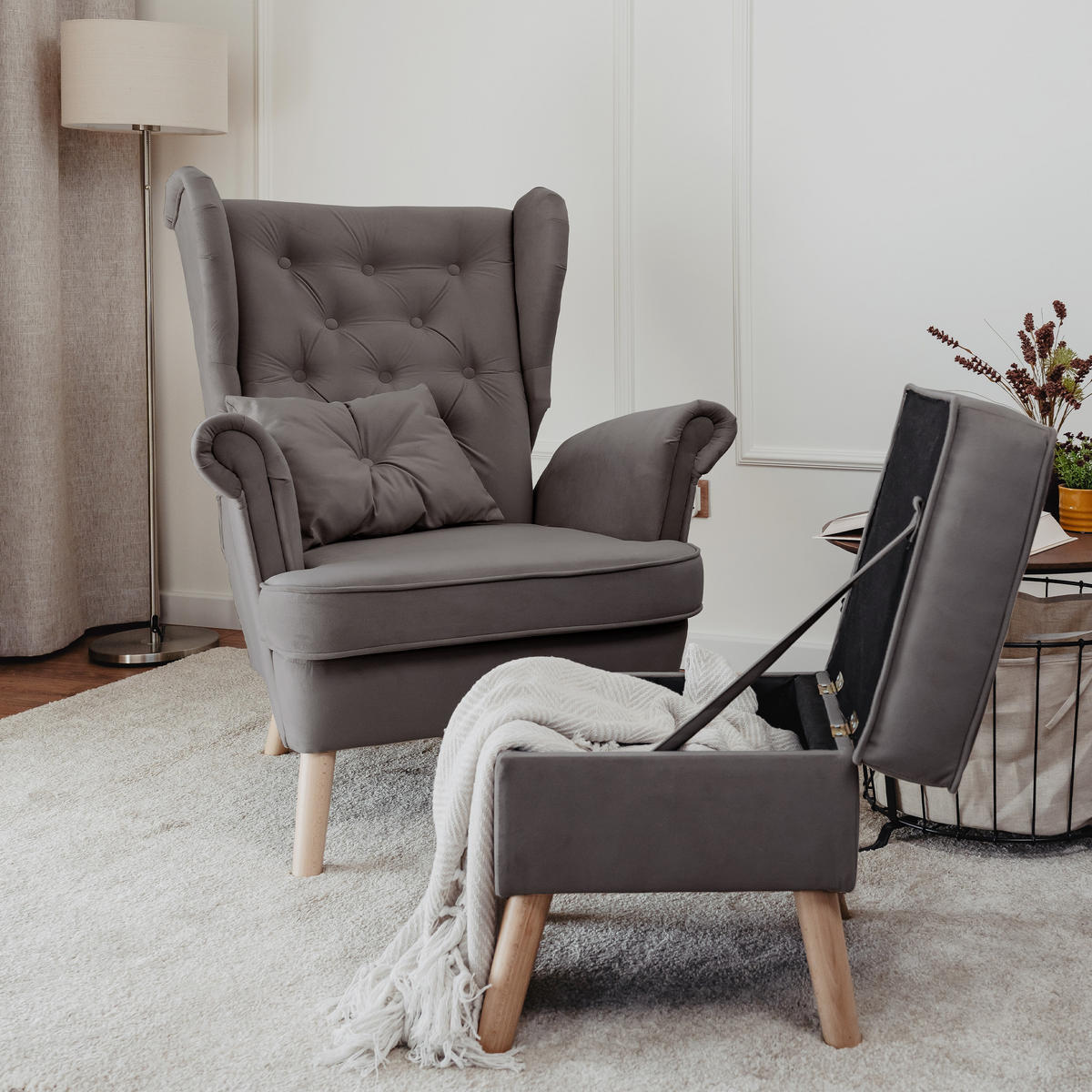 SESSEL mit Fußhocker Classic - Grau, Holz (92/107/80cm) - Idohome