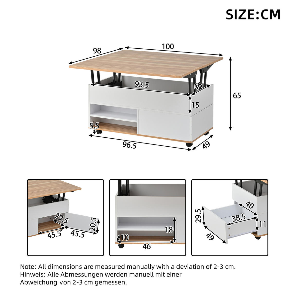 COUCHTISCH 100/98/65 cm höhenverstellbar mit hydraulischer Hubplatte, Stauraum und Rollen aus Spanplatte, Weiß/Naturholzfarbe - Weiß, Holzwerkstoff (100/98/65cm) - Modfu