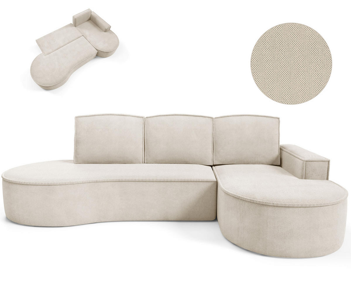 ECKSOFA MOLLY mit Schlaffunktion – Halbrund, freistehend, Liegefläche 140x207 cm, 3 Kissen, Curio-Stoff, 277x157x88 cm, Rechts, Beige - Beige, Holz/Textil (277/157cm) - DomoHome