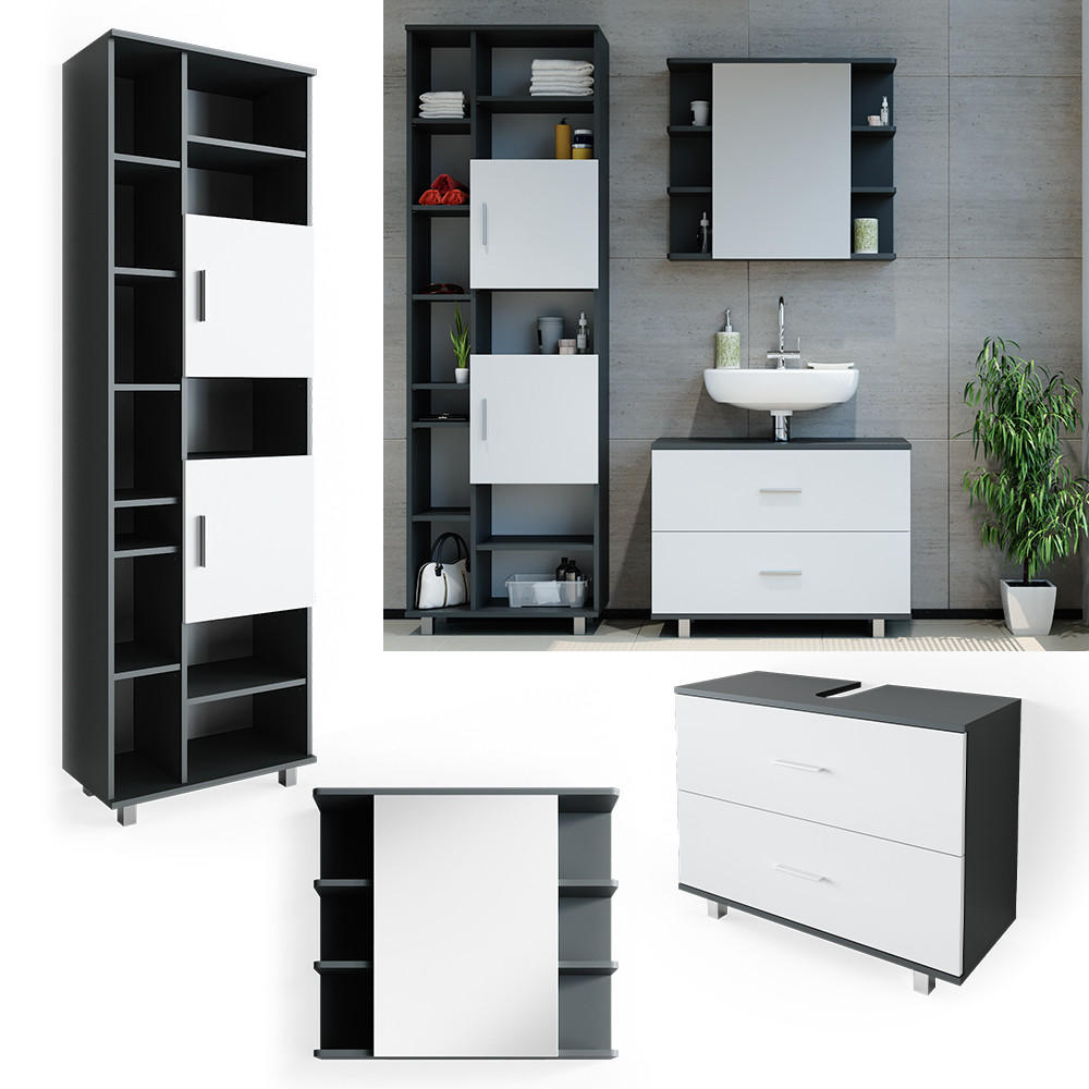 BADMÖBEL-SET Ilias Weiß/Anthrazit 3 Teile, mit Hochschrank - Anthrazit/Weiß, Holzwerkstoff (80.2/60.8/33cm) - Vicco