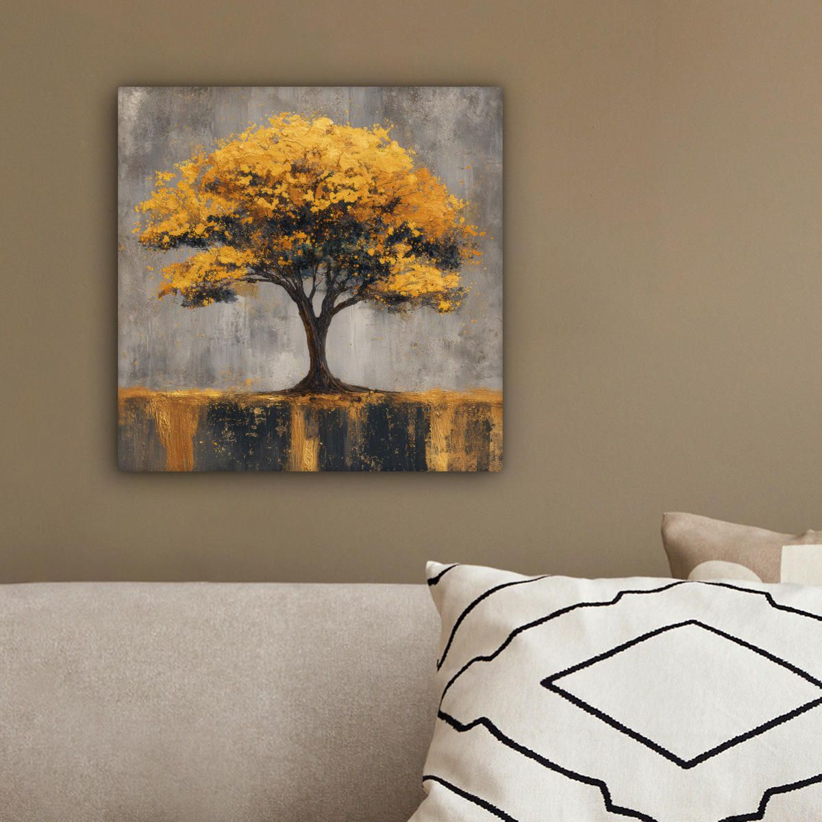 LEINWANDBILD Baum - Blätter - Gold - Abstrakt Deko Wohnzimmer 20x20 cm - Grau, Textil (20/20cm) - MuchoWow