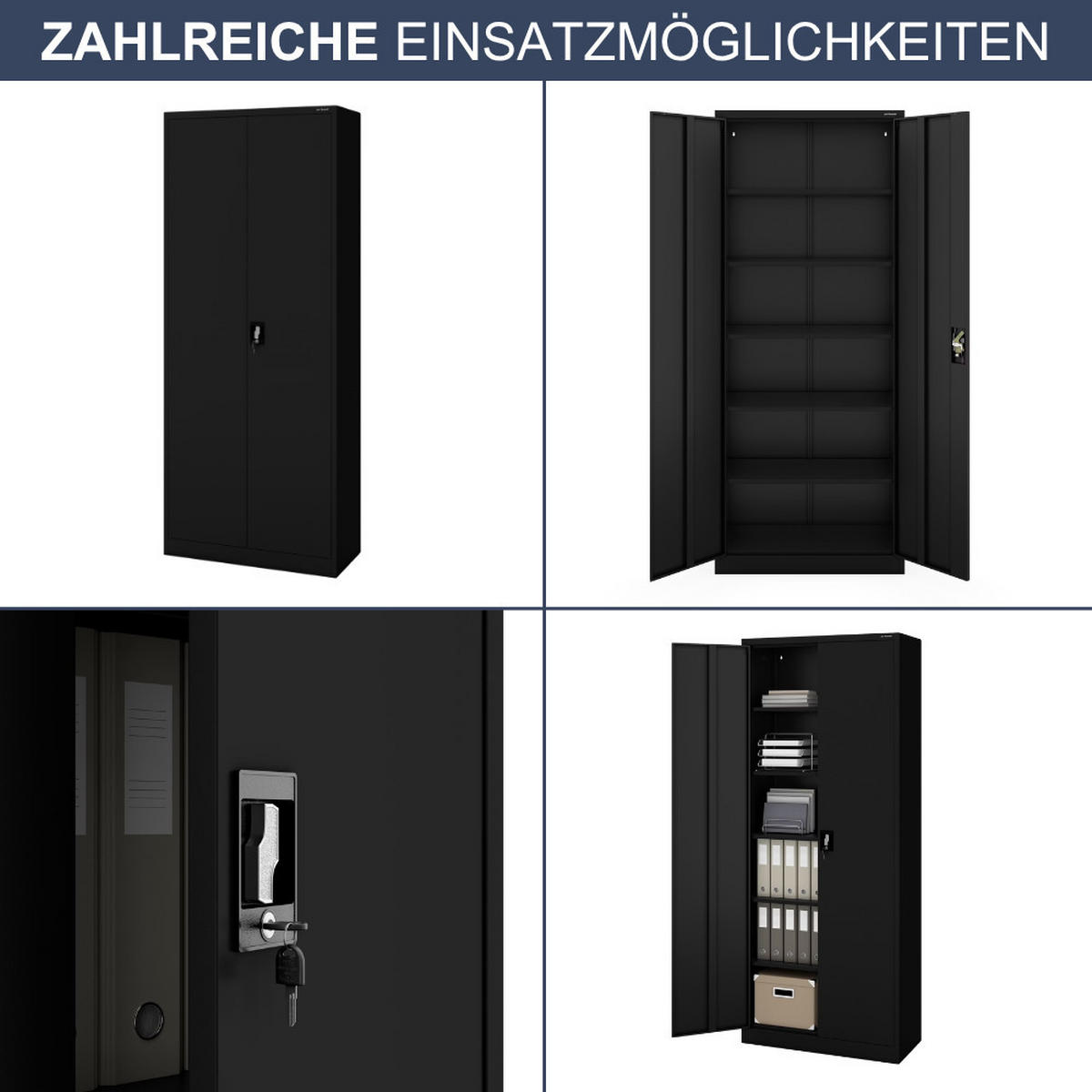 AKTENSCHRANK abschließbar KADO Flügeltüren 220x90x40cm Schwarz - Schwarz, Metall (90/220/40cm) - DELUKE