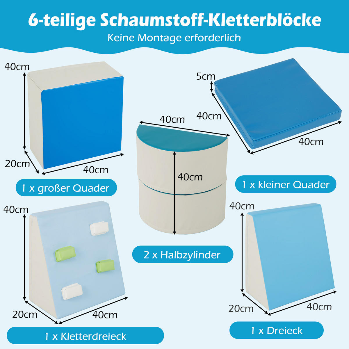 MĚKKÉ STAVEBNICE Modré (6dílné) - modrá, plast (40/20/40cm) - COSTWAY