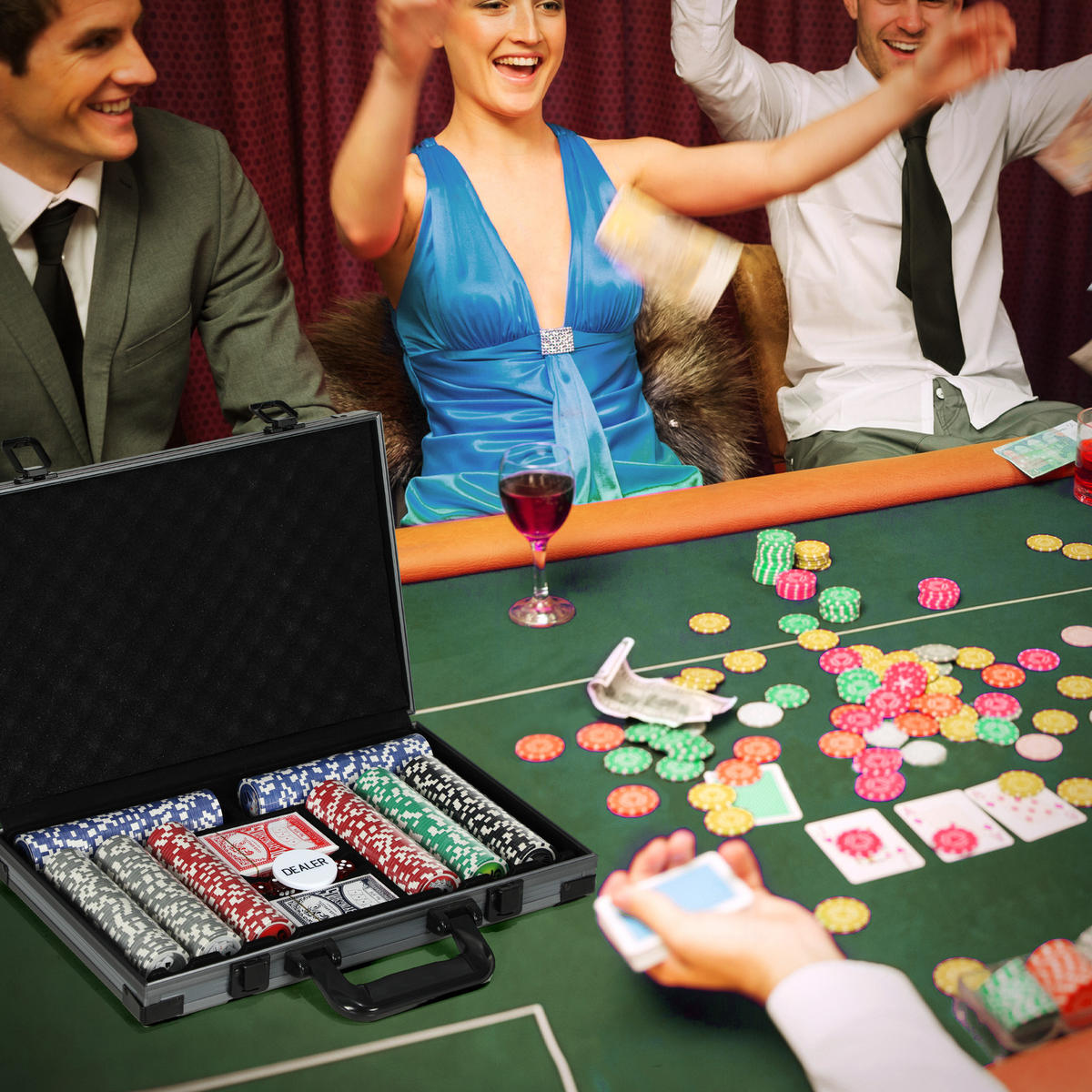 POKERKOFFER Pokerset mit 400 Chips 11,5 Gramm 2 Kartendecks 5 Würfeln - Grau, Kunststoff (28/39.5cm) - SPORTNOW