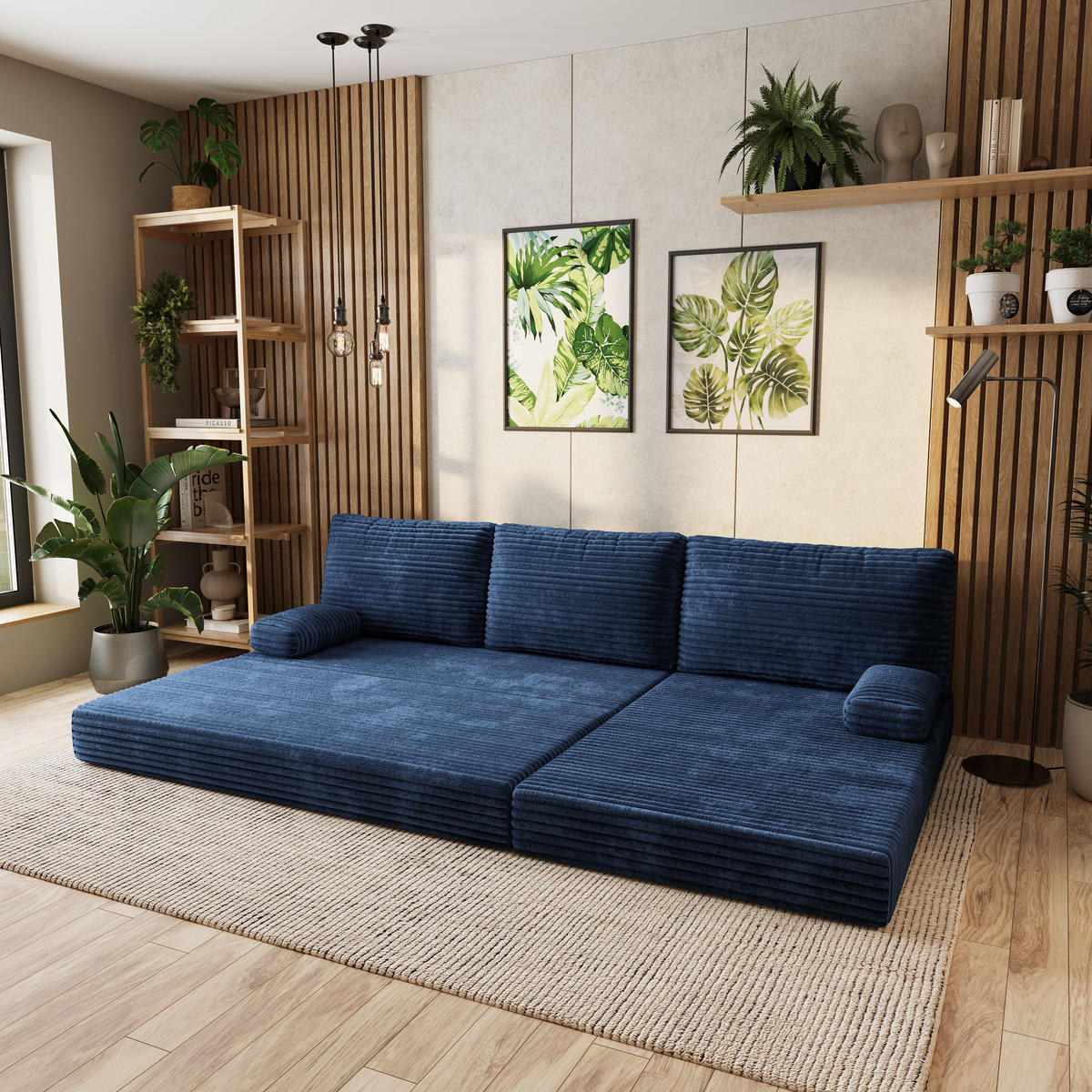 ECKSOFA ANKO modulares Boneless Sofa mit Schlaffunktion Blau Kordstoff - Blau, Textil (270/160cm) - MASSENO