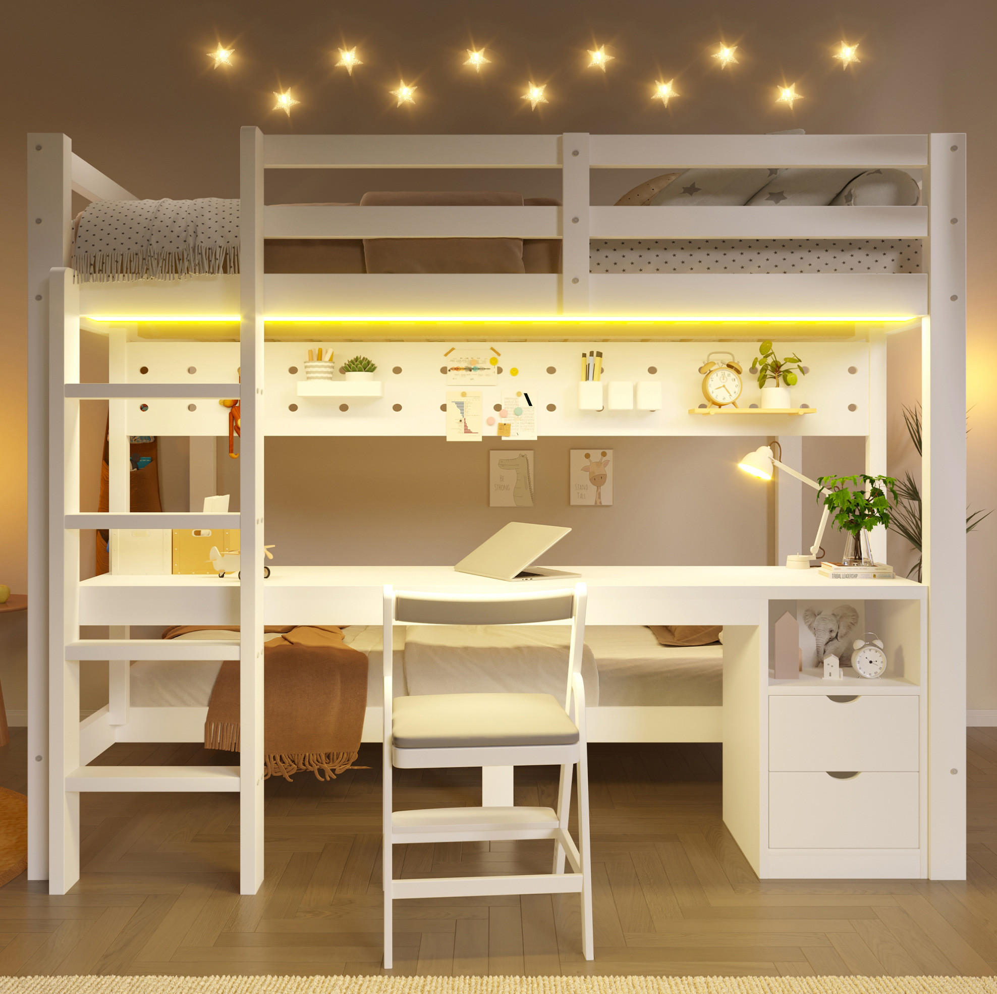 HOCHBETT 90/140/200 cm mit Schubladen, Schreibtisch und LED-Lichtleiste, Weiß/Natur - Weiß, Holz (90/200cm) - Redom
