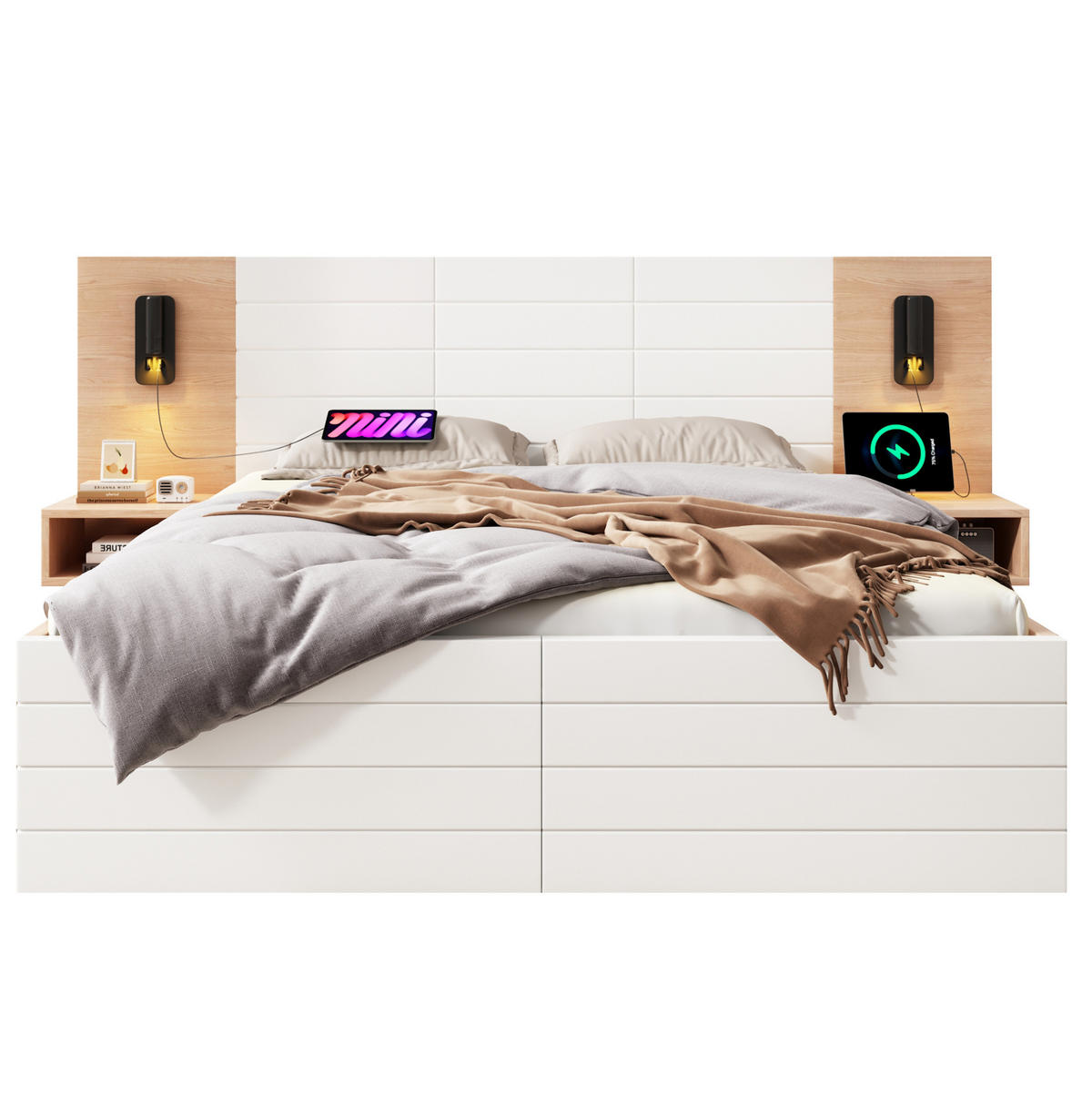DOPPELBETT 160/200 cm Eiche und Weiß mit Leselicht und USB-Anschluss - Weiß, Holzwerkstoff (160/200cm) - OKWISH