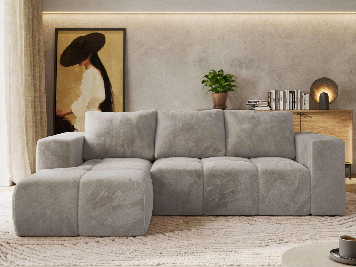 ROHOVÁ SEDAČKA MONIVA L - Světle šedá Plyš - Levá Strana - černá/světle šedá, textil/plast (164/266cm) - MKS