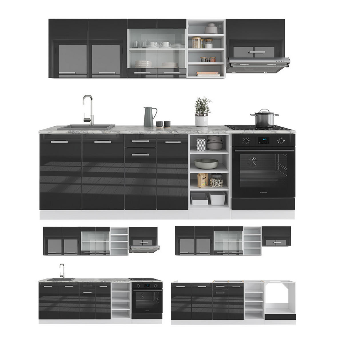 KÜCHENZEILE R-Line Anthrazit Hochglanz/Weiß 240 cm, AP Marmor - Anthrazit/Weiß, Holzwerkstoff (240/81.6/60cm) - Vicco