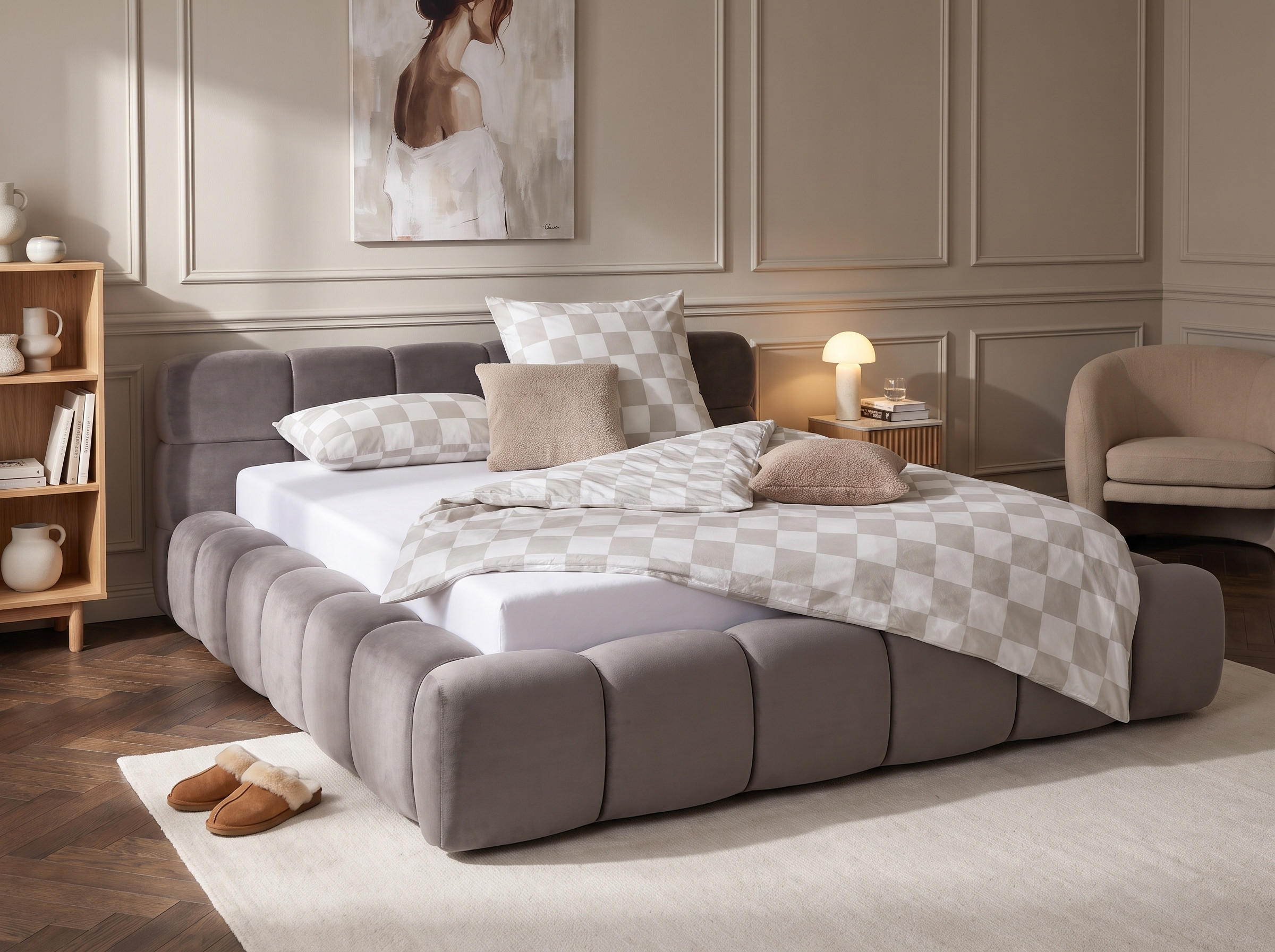 POLSTERBETT Miley Grau 180/200 cm Samt mit Bettkasten und Matratze - Grau, Holz/Textil (180/200cm) - wonello