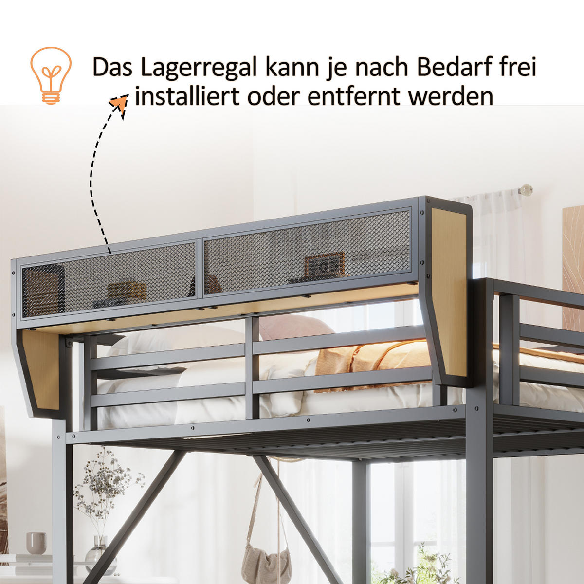 HOCHBETT 140/200 cm in Schwarz mit LED, Steckdose, Schreibtisch, Regal und Sicherheitsleiter - Schwarz/Naturfarben, Holzwerkstoff/Metall (140/200cm) - CHICFURN