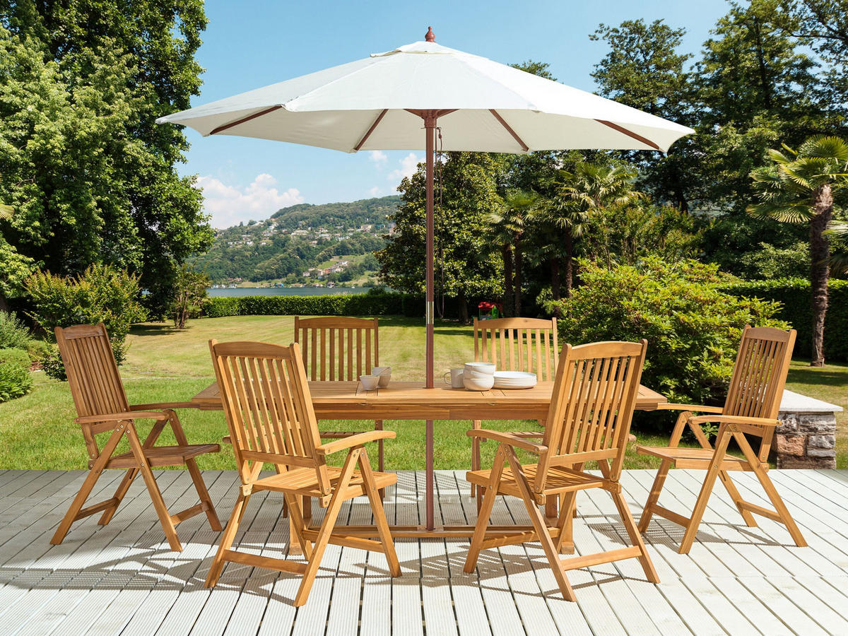 GARTENMÖBEL SET 6-Sitzer mit Sonnenschirm Akazienholz hellbraun Java - Hellbraun/Beige, Holz - Beliani