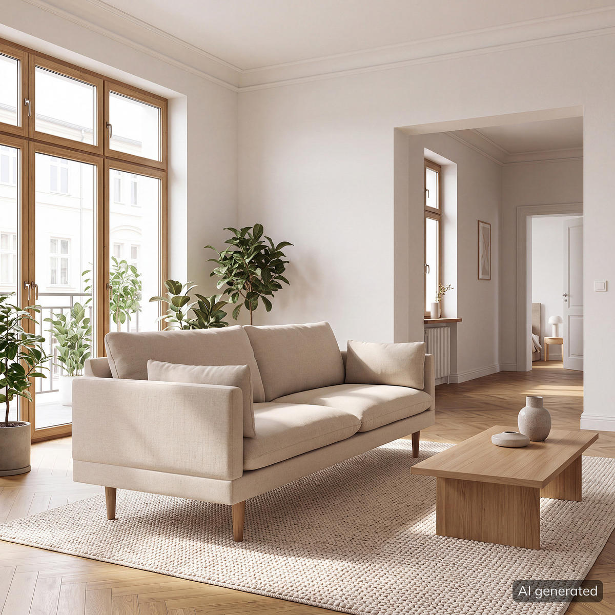 3-SITZER SOFA - Webstoff - Beige/Buchefarben, Holz/Buchenholz (200/83/153cm) - home24