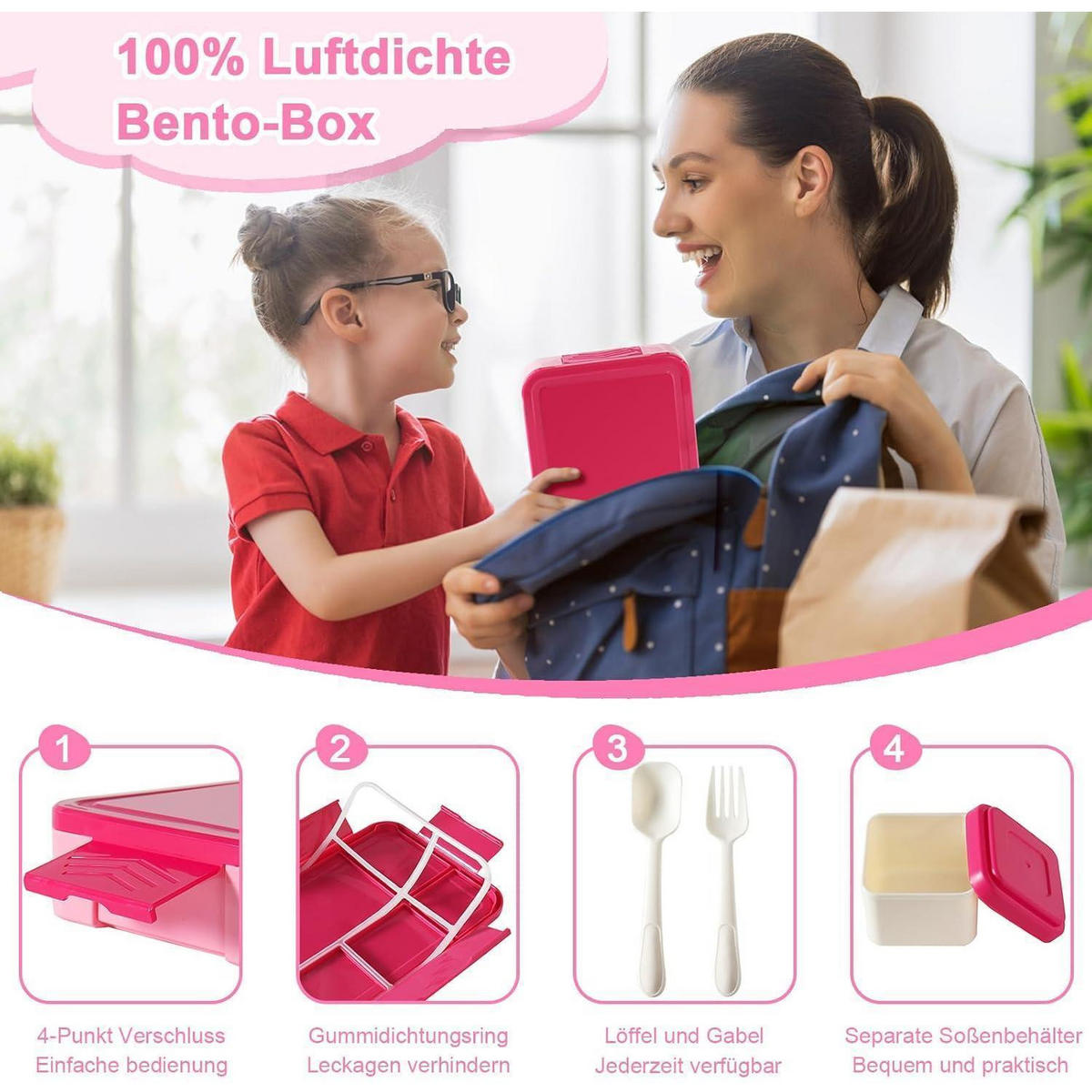 BROTDOSE Kinder 1300ml 6 Fächer Auslaufsicher Rosa - Rosa, Kunststoff (18/5.5/23cm)