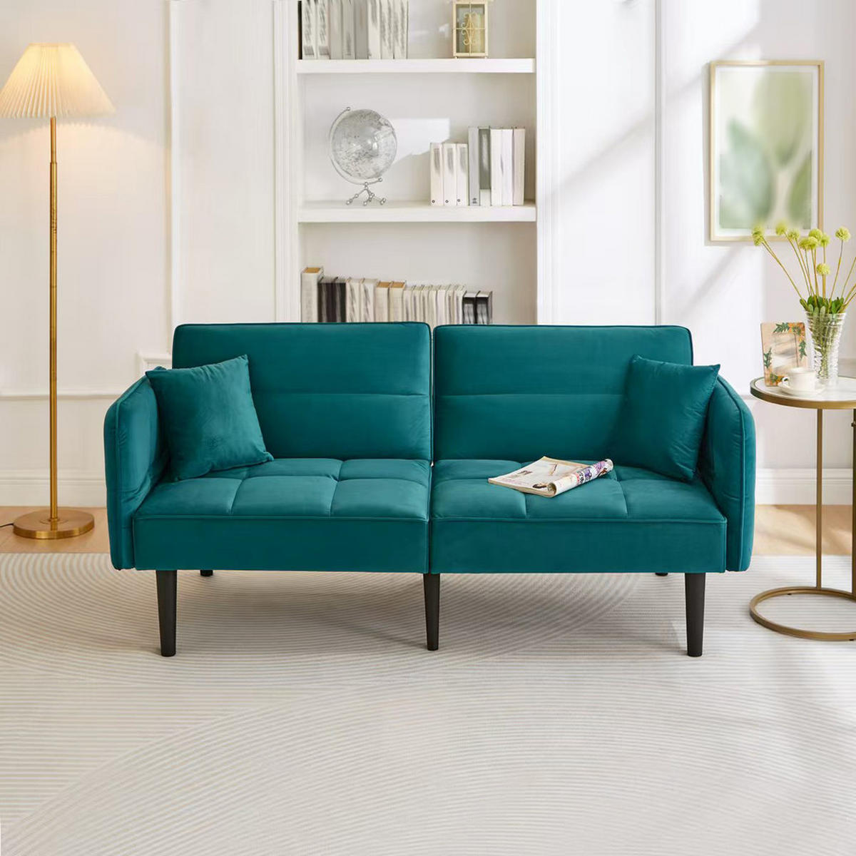 SOFA 2in1 Verstellbar Schlaffunktion Samtbezug Klappbare Armlehnen Kleinraum - Grün, Holz (92.08/19.05/80.01cm) - FLIEKS
