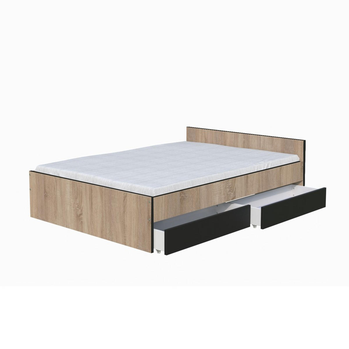 BETT KAPPA mit Schubladen/ Bett 140x190 - Schwarz & Eiche Gebleicht Dekor - Multicolor, Holzwerkstoff (140/190cm) - Weber Industries