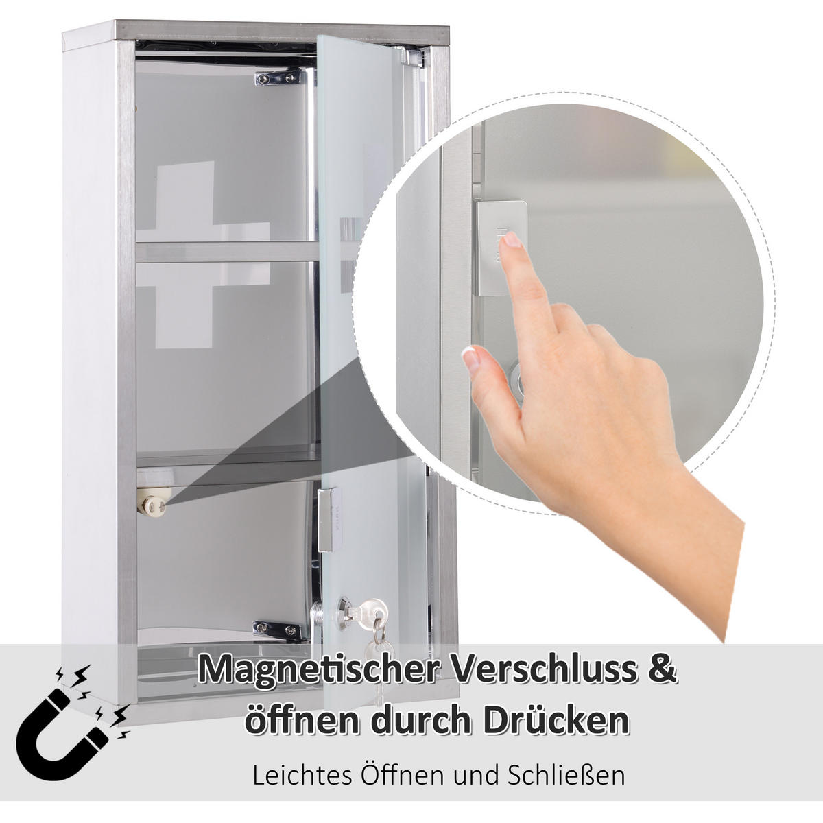 MEDIZINSCHRANK mit 3 Fächer, Edelstahl, Silber, 25 x 12 x 48 cm - Silberfarben, Glas (12/48/25cm) - HOMCOM