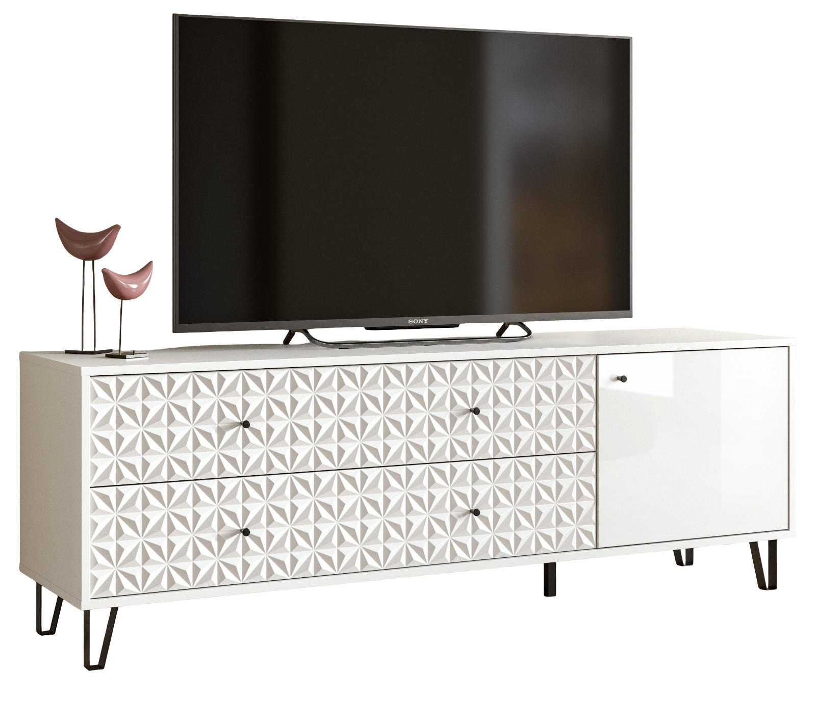 TV-LOWBOARD weiß Hochglanz 164 x 56 cm, TV Unterteil mit 3D-Struktur - Weiß Hochglanz/Schwarz, Holzwerkstoff/Kunststoff (164/56/40cm) - Inn.Furn