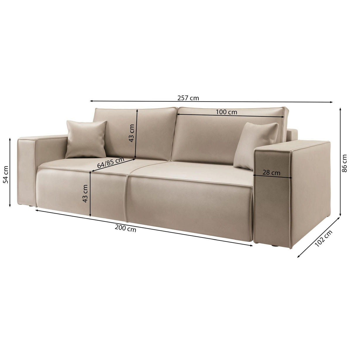 3-SITZER SCHLAFSOFA Farese Cuero Dunkelbeige, Kunstleder - Schwarz/Cappuccino, Kunststoff/Textil (257/86/102cm) - Selsey