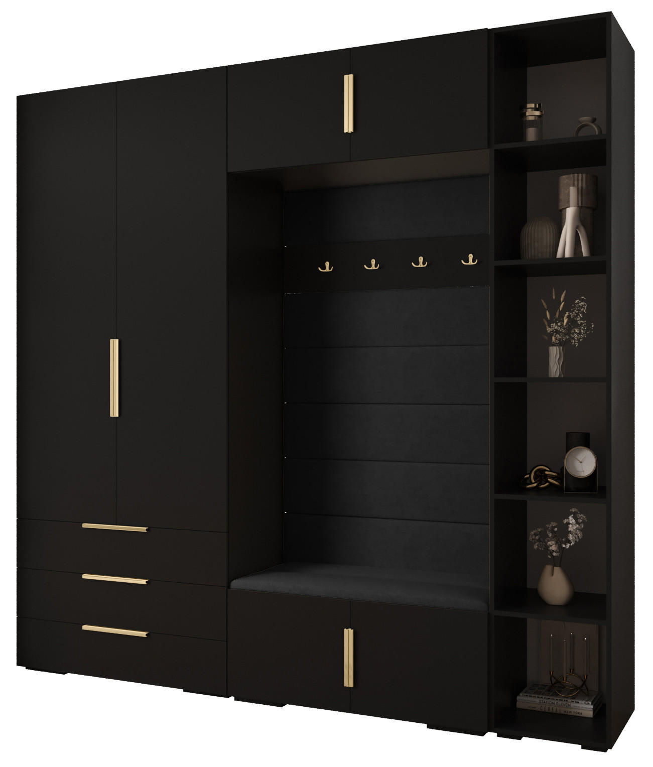 Abiks Möbel Garderoben-Set Schwarz, Schwarz, Gold 240x236.7x47 cm