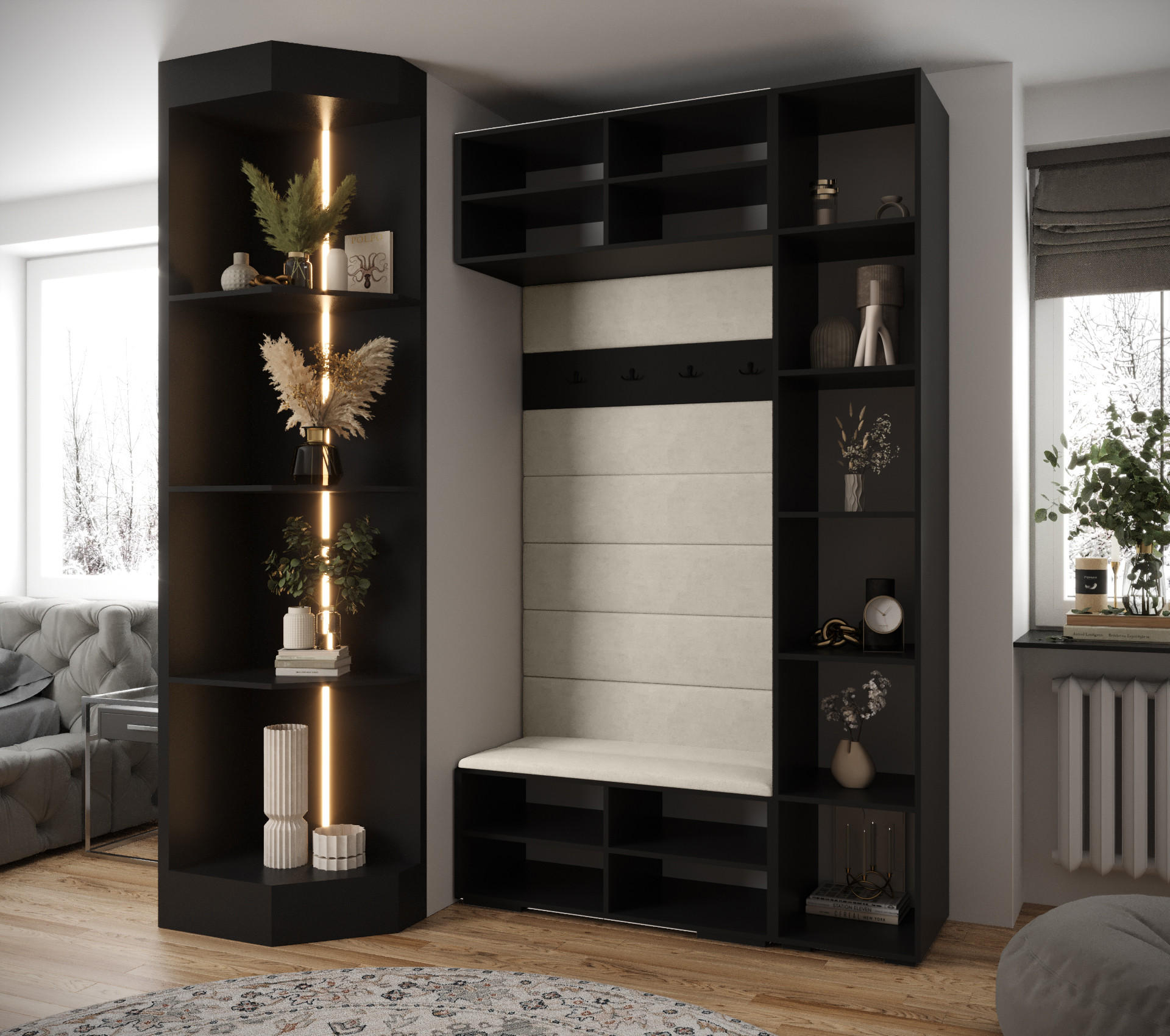 Thumbnail - Abiks Möbel Garderoben-Set, Schwarz, Beige, Schwarz, Metall, Nachbildung, 2-Sitzer, 9 Fächer, 140x236.7x47 cm, Garderobe...