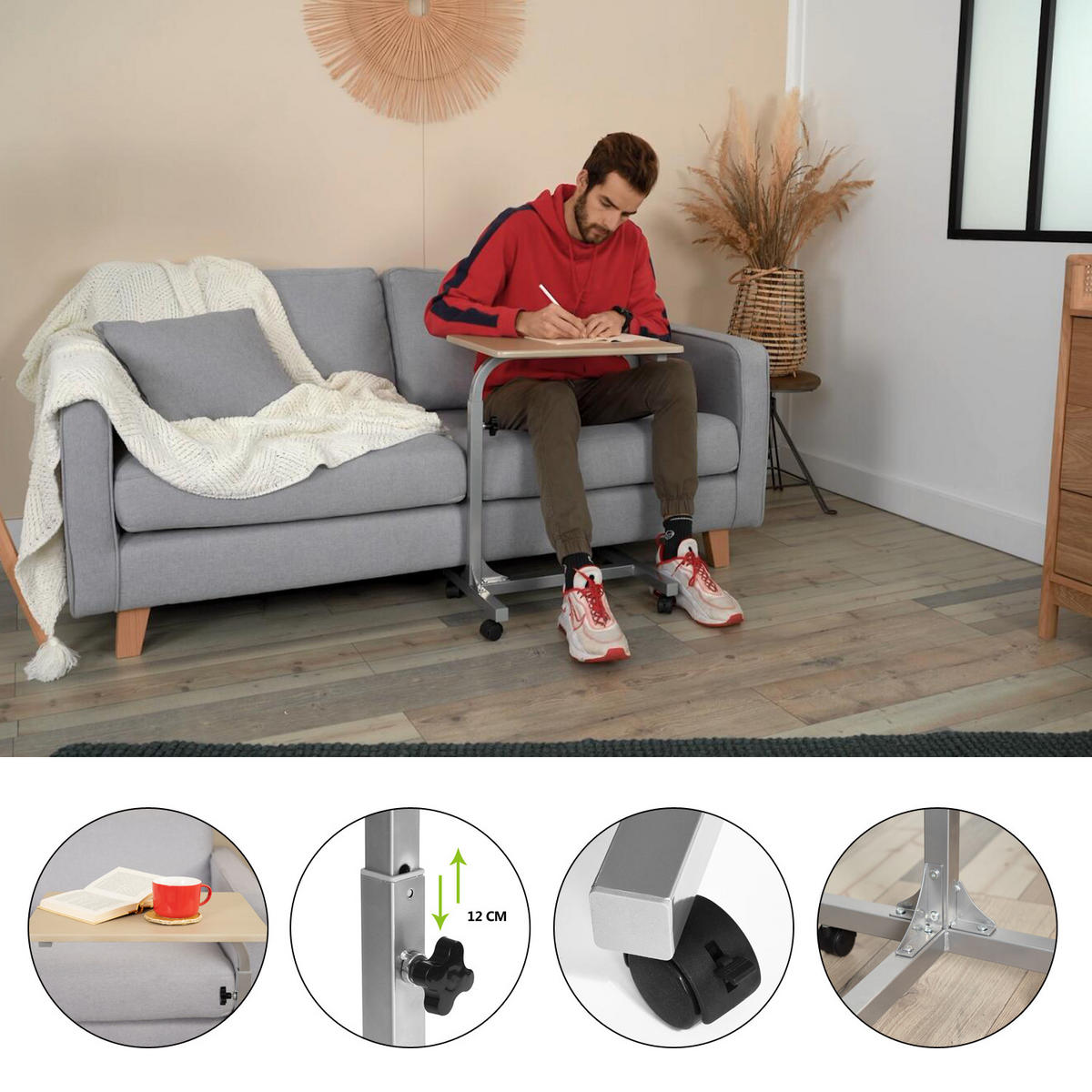 BEISTELLTISCH HÖHENVERSTELLBAR MIT ROLLEN - Eichefarben, Metall (79/48/37cm) - Meubles Cosy