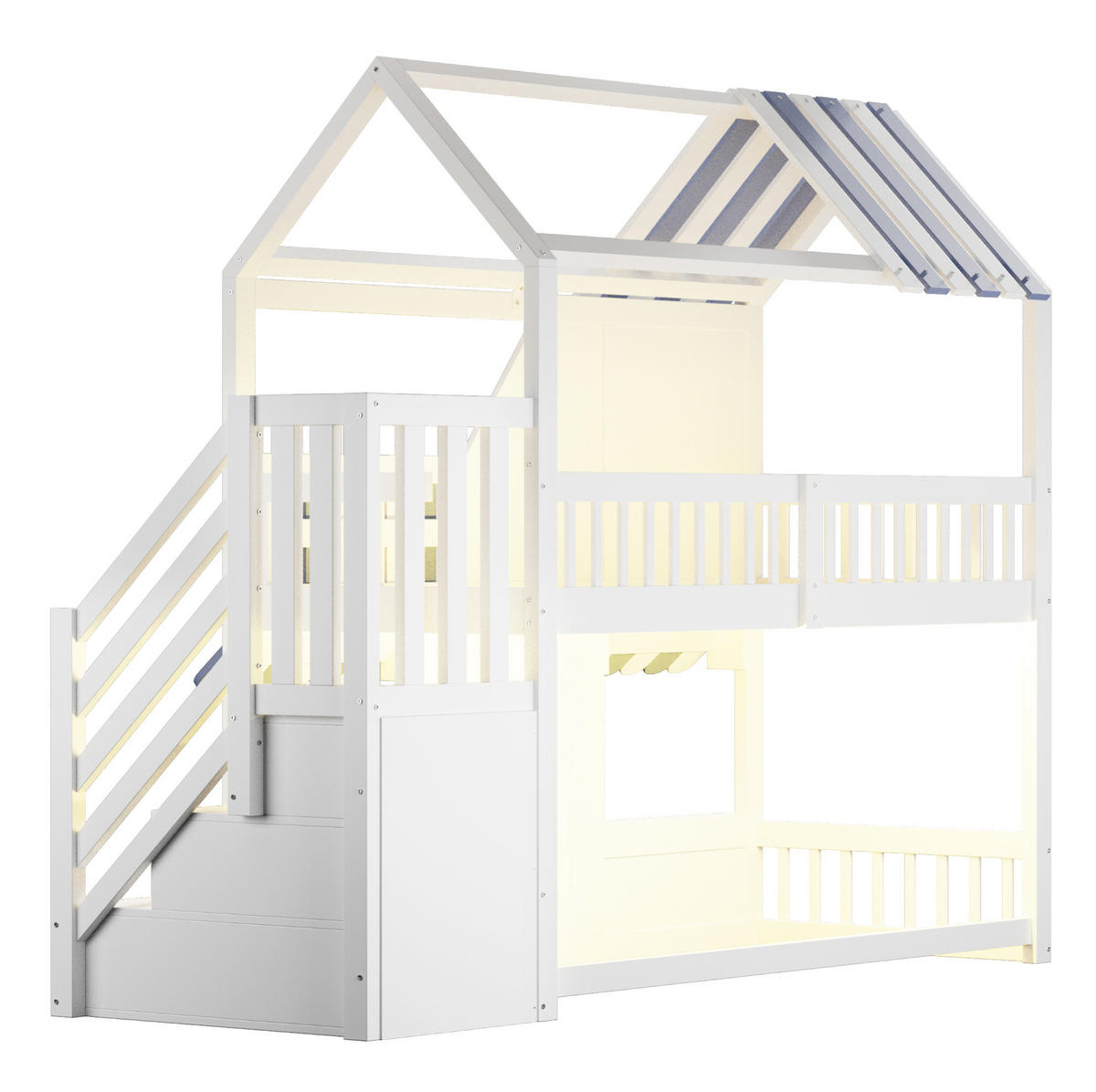 KINDER-ETAGENBETT Holz 90x200 cm Weiß/Blau mit LED, Stauraumleiter und Regalen im Hausbett-Design - Weiß, Holz (90/200cm) - Modfu