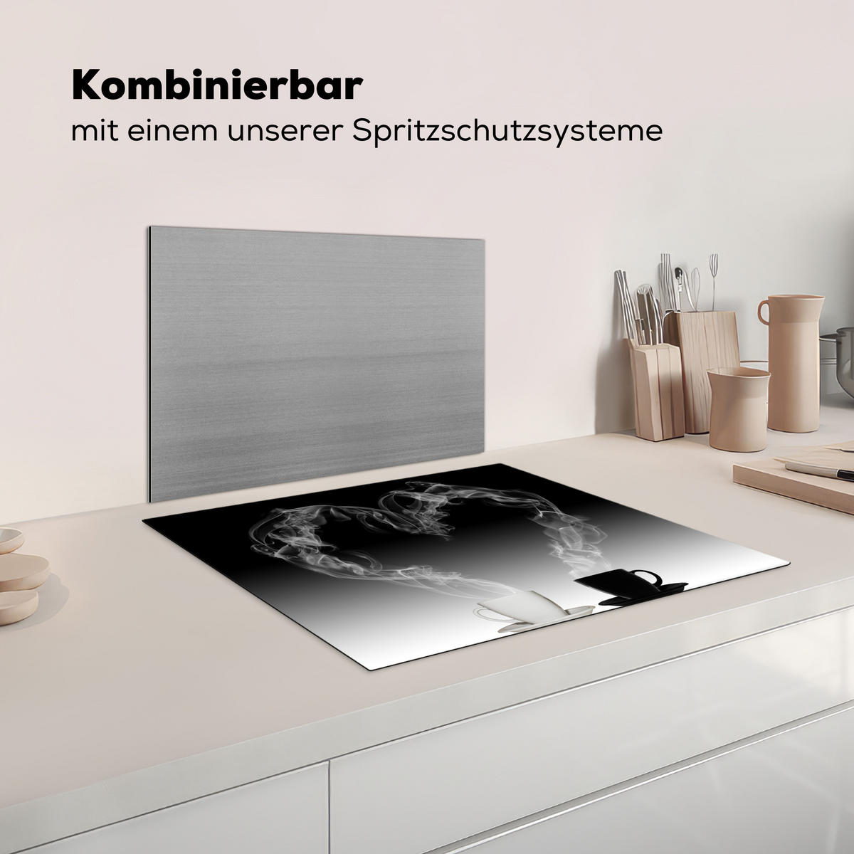 HERDABDECKPLATTE Kaffee - Herz - Schwarz und weiß - Tassen Herdabdeckung Induktionsfeld 65x52 cm - Weiß, Kunststoff (65/52/0.2cm) - MuchoWow