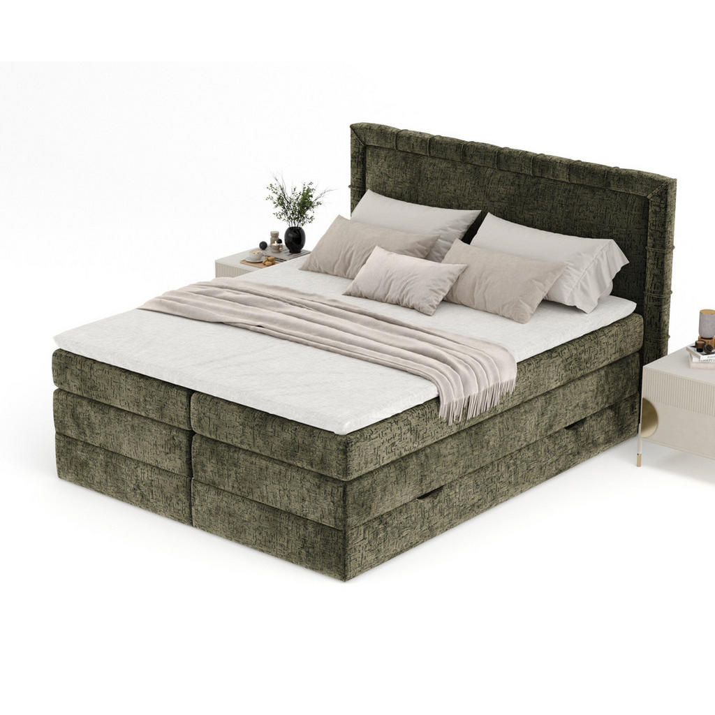 Thumbnail - Maison de Reve Boxspringbett, Olivgrün, Textil, Buche, Kiefer, H3, Höhe ca. 37 cm, 180x200 cm, Oeko-Tex® Standard 100, F...