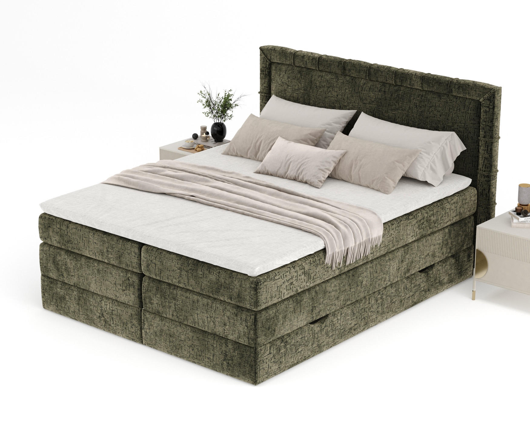 Thumbnail - Maison de Reve Boxspringbett, Olivgrün, Textil, Buche, Kiefer, H3, Höhe ca. 37 cm, 200x200 cm, Oeko-Tex® Standard 100, F...