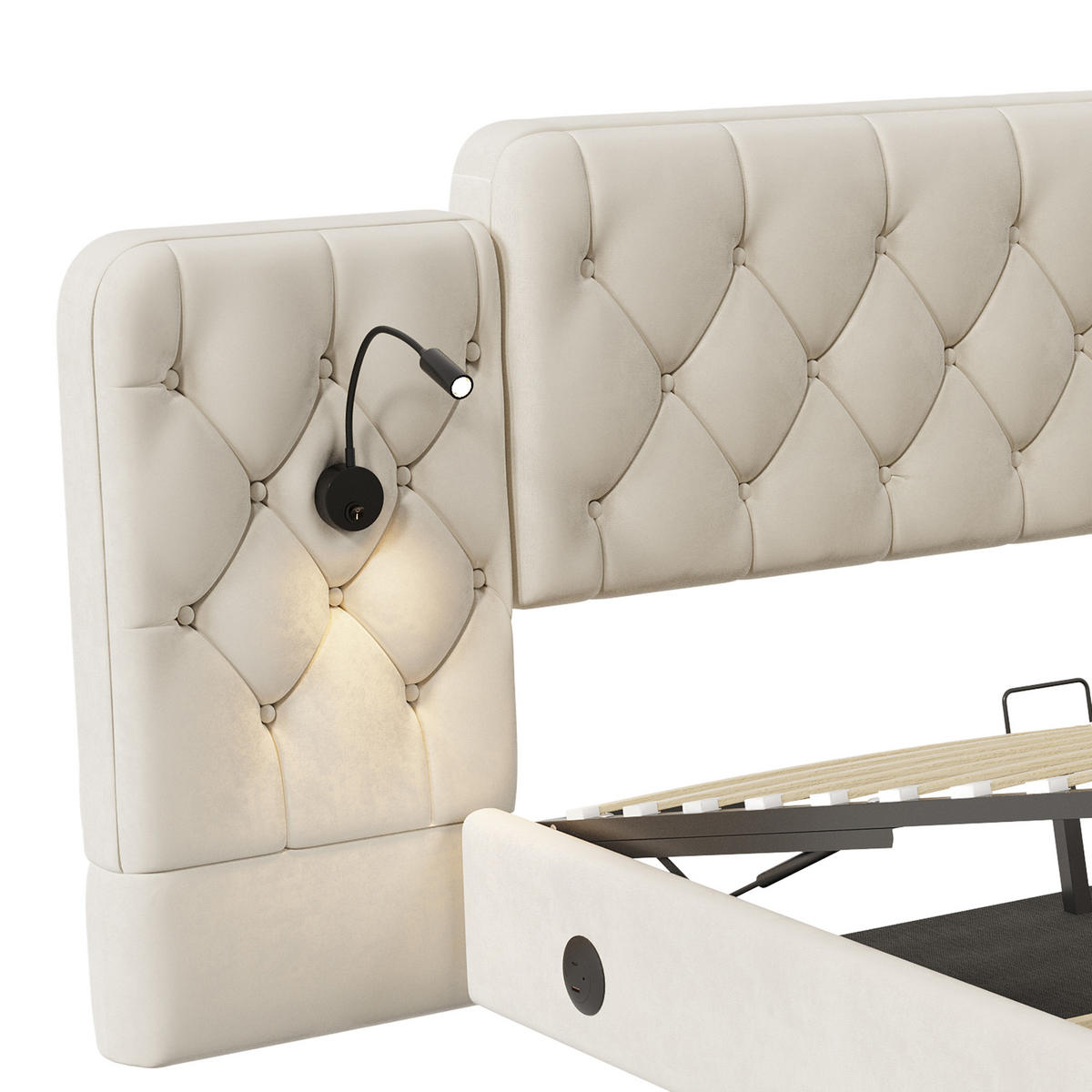 ČALOUNĚNÁ POSTEL samet béžový 160x200 cm s LED lampičkami na čtení a USB portem - béžová, textil (160/200cm) - Urban Meuble