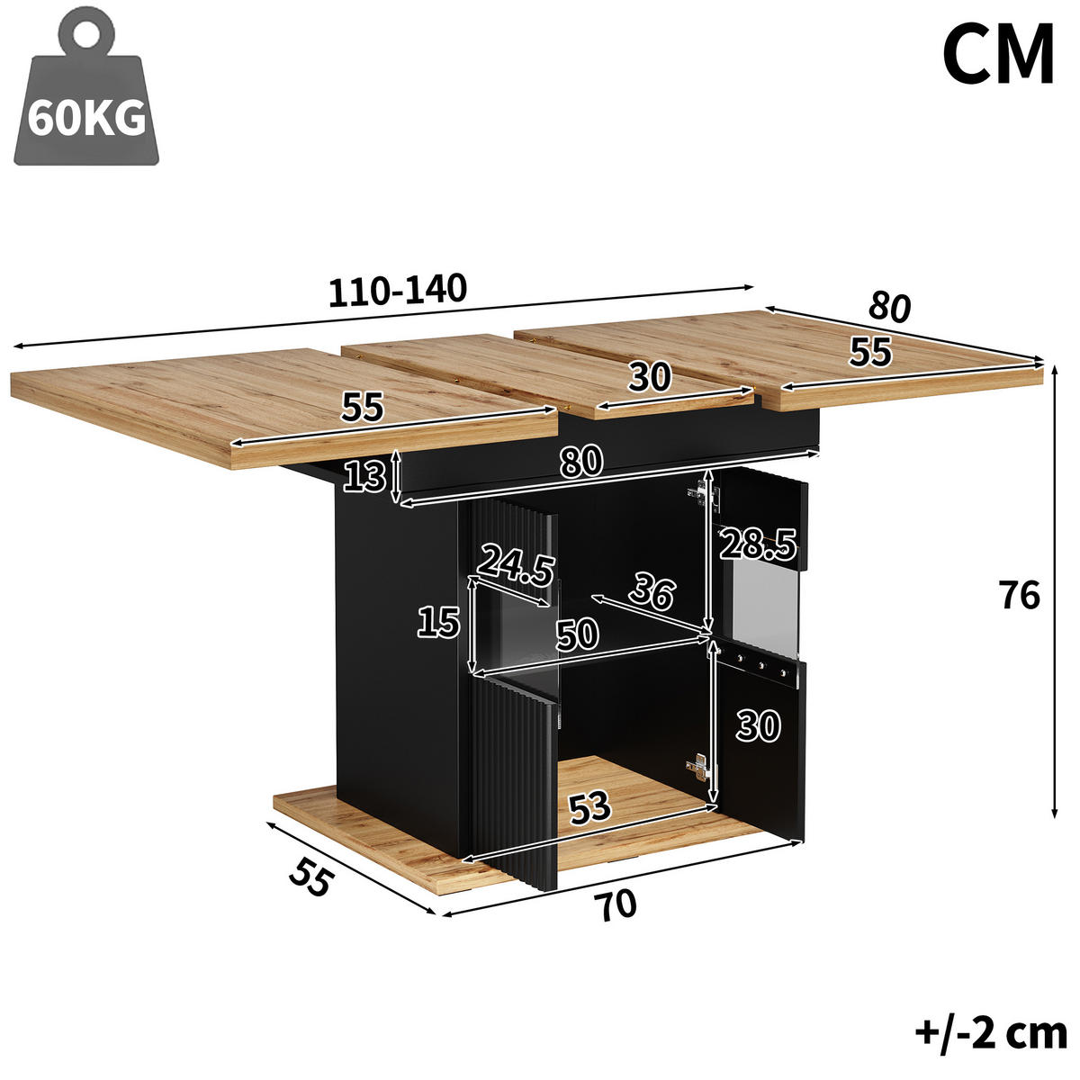 ESSTISCH Ausziehbar LED Stauraum Schwarz Holz - Schwarz, Metall (80/110/76cm) - FLIEKS