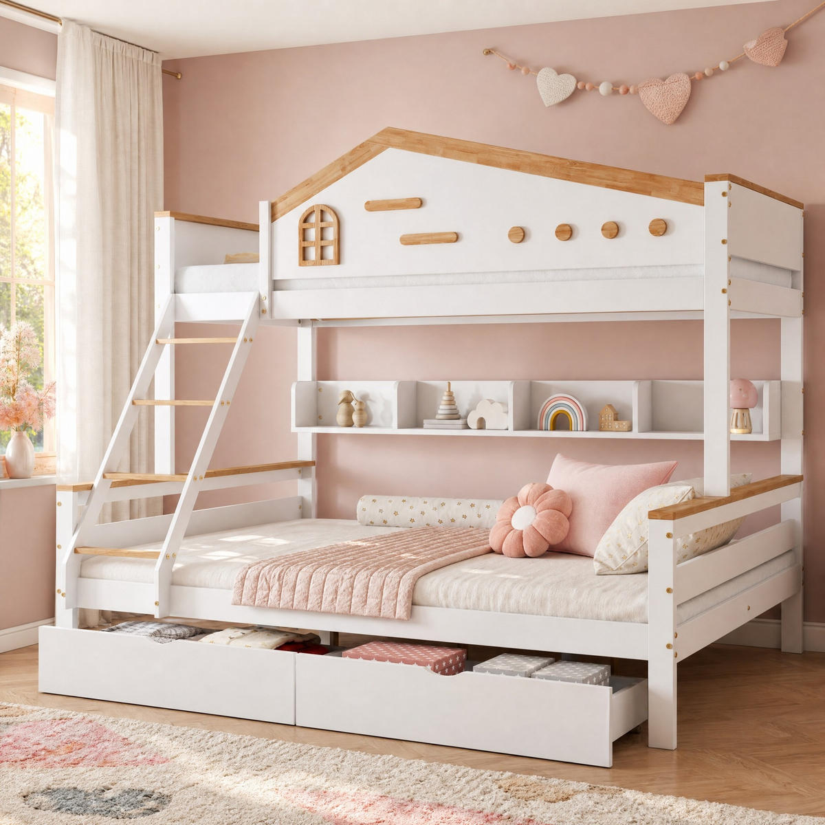 ETAGENBETT 90/200+140/200 mit 2 Schubladen, offenem Regal und Fenster-Geländer in Weiß und Natur - Weiß, Holz (90/200cm) - EVRYAE