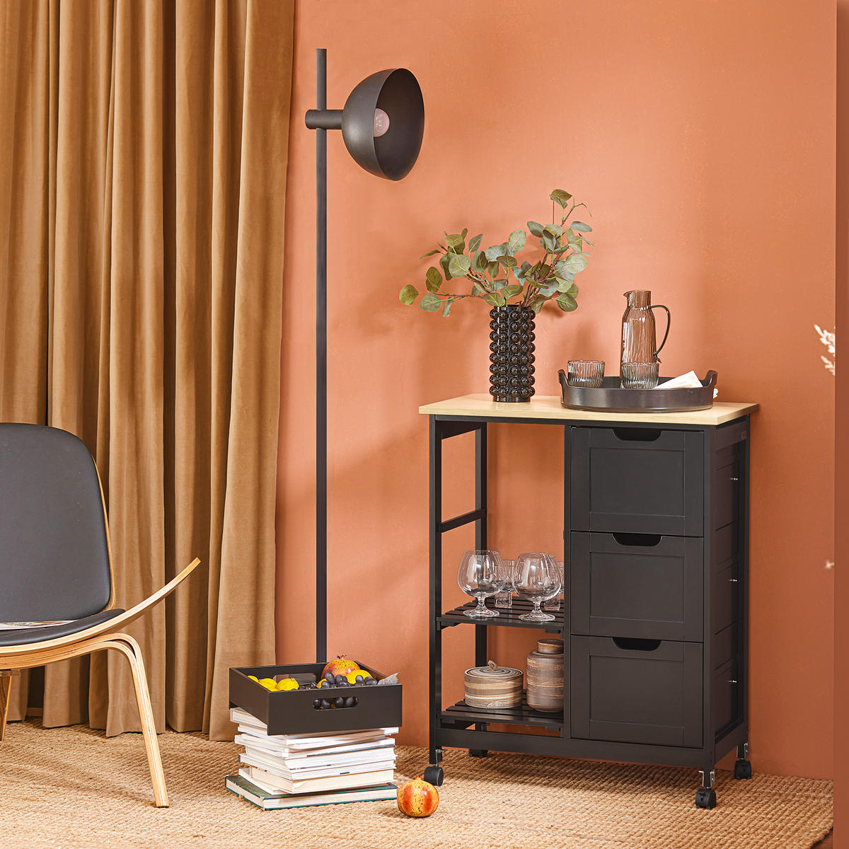 SERVIERWAGEN mit Rollen, Schwarz, 68x85x38cm, bis 50kg - Schwarz, Holz/Holzwerkstoff (68/85/38cm) - SoBuy