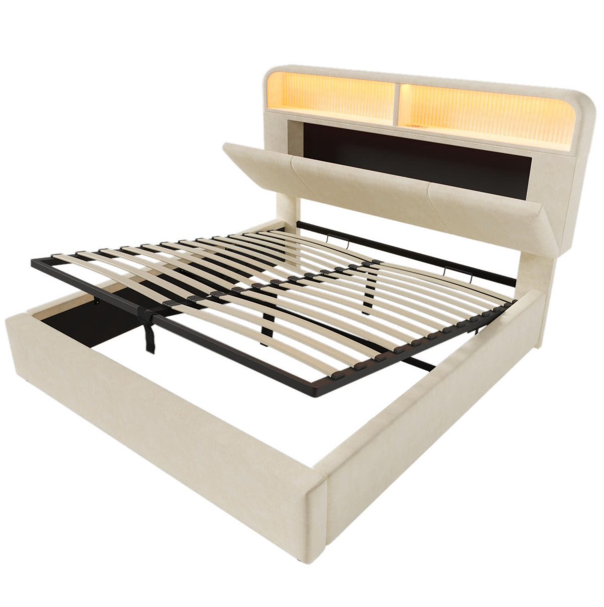 POLSTERBETT 140/190 cm in Beige mit Stauraum, LED-Beleuchtung und USB-Type-C - Beige, Textil (140/190cm) - Flora Grace