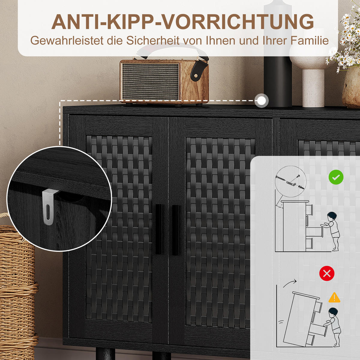 SIDEBOARD 140x40x80 cm Rattan Stauraum schwarz - Schwarz, Holz (140/80/40cm) - Fortuna Lai