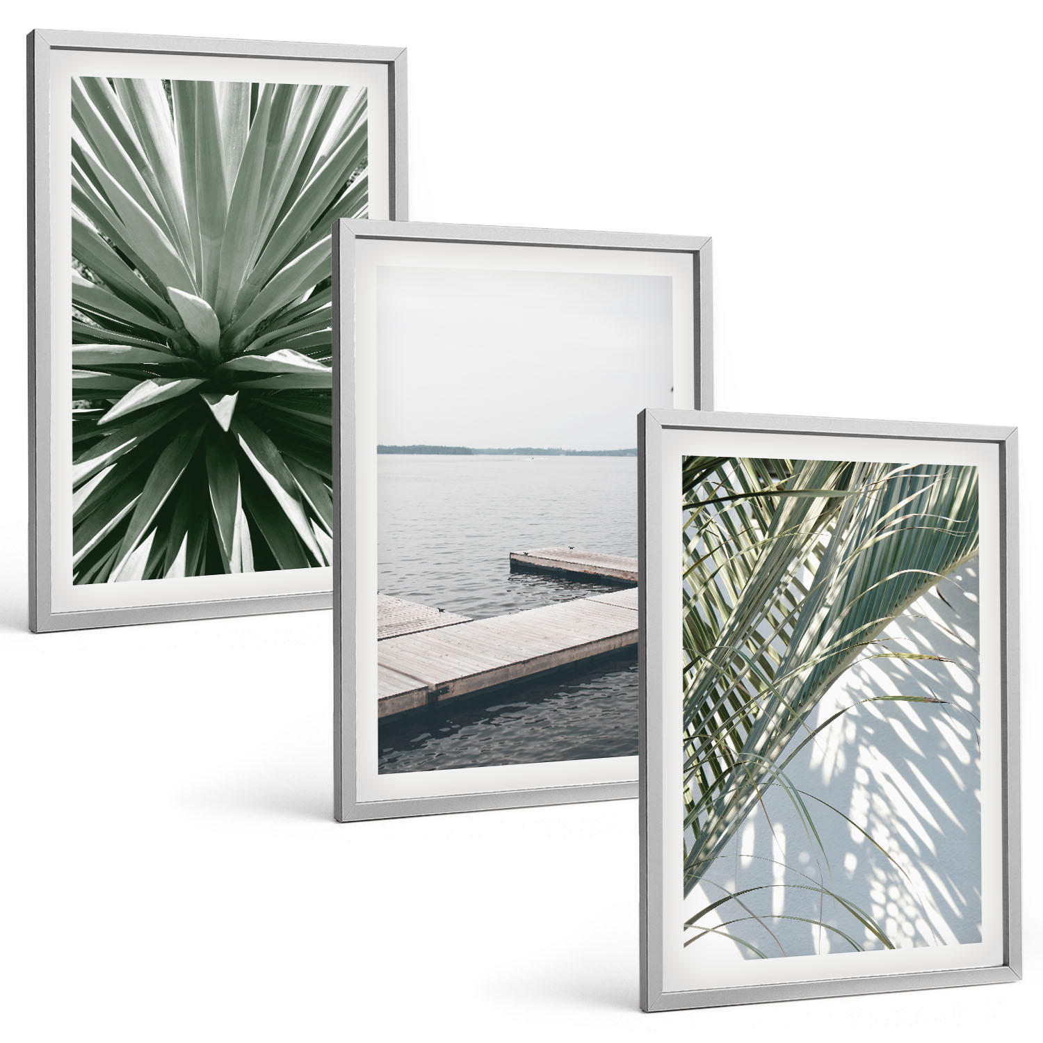 BILDER SET 3er Set - 40x60 cm Silberner Rahmen - Palmenblätter-Holzbrücke - Silberfarben, Kunststoff (40/60cm) - TULUP