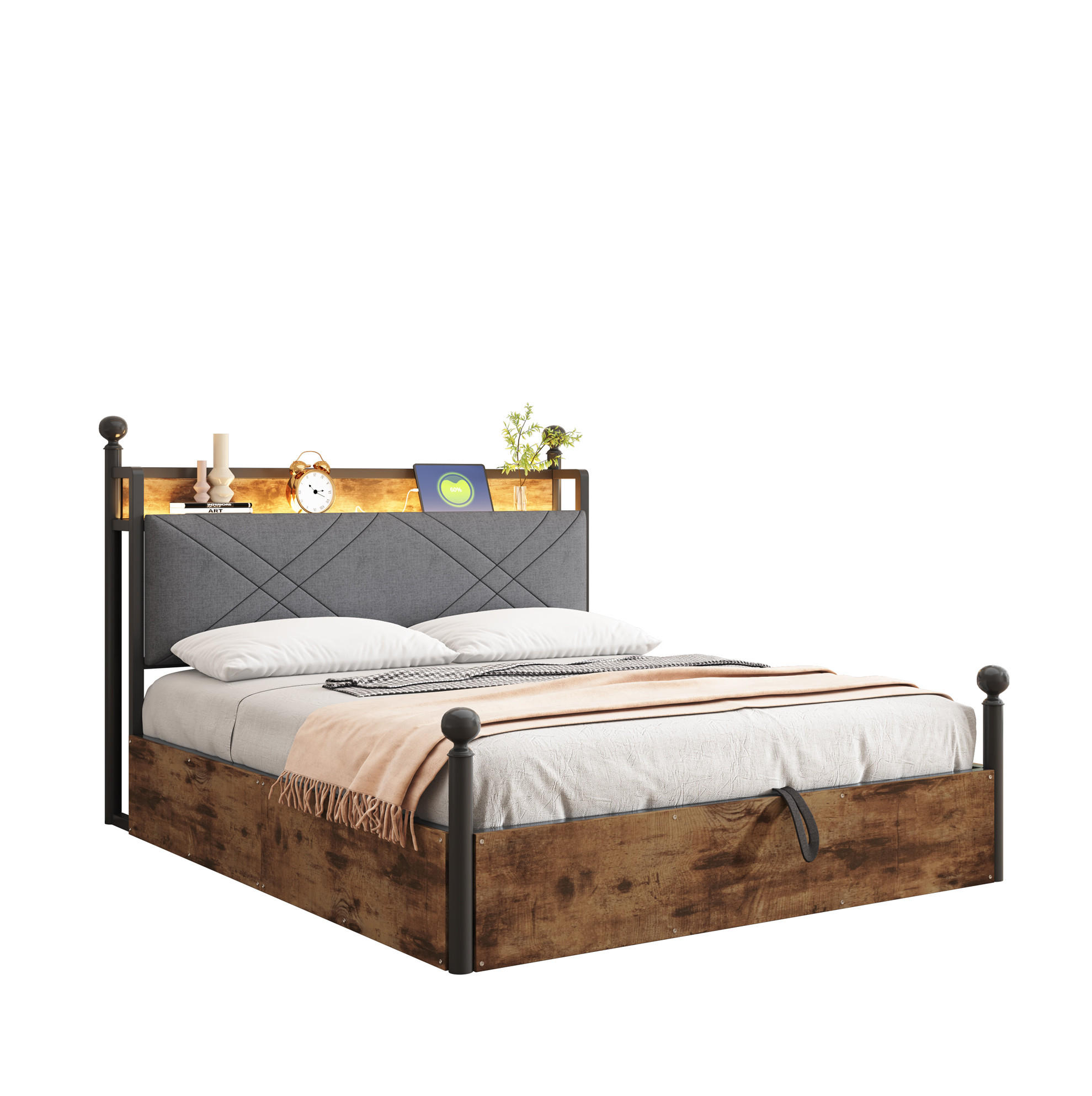 Modfu POSTEL s nebesy z kovu 140x190 cm černá s LED osvětlením, USB/Type-C a hydraulickým úložným prostorem