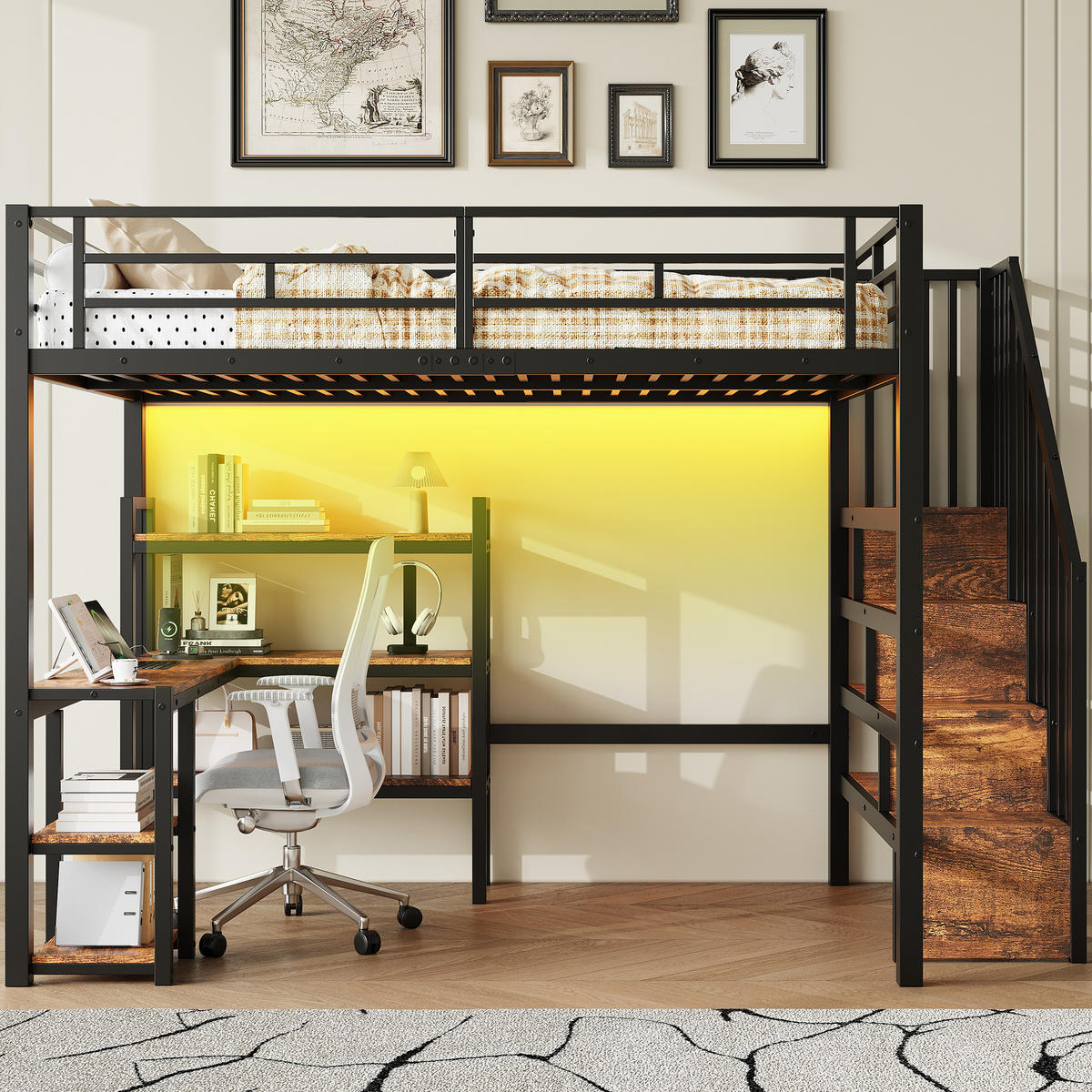 HOCHBETT 140/200 cm schwarz aus Metall und MDF mit Schreibtisch, Treppe und LED - Schwarz, Metall (140/200cm) - OKWISH