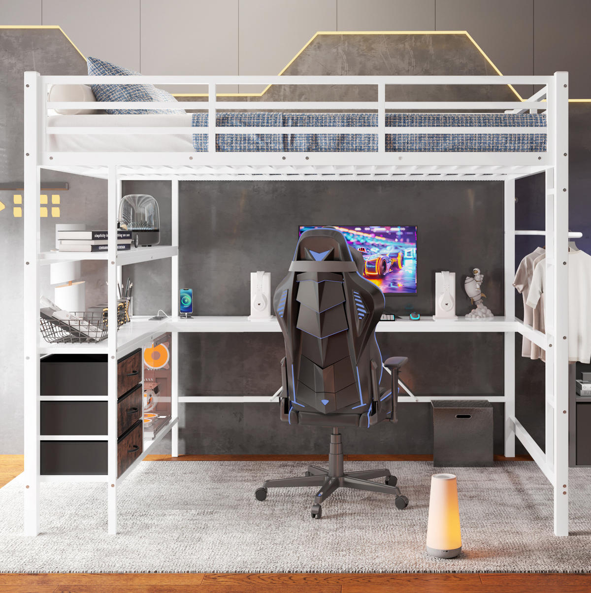 HOCHBETT aus Metall und MDF 140x200 cm Weiß mit LED-Beleuchtung, Schreibtisch, USB, Steckdose und 3 Schubladen - Weiß, Metall (140/200cm) - Modfu