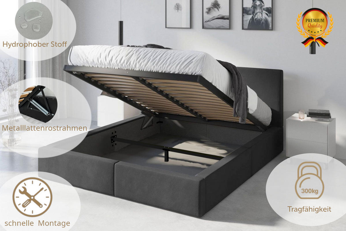 POLSTERBETT Hilton mit Stauraum - Grau, Textil (120/200cm) - Interbeds