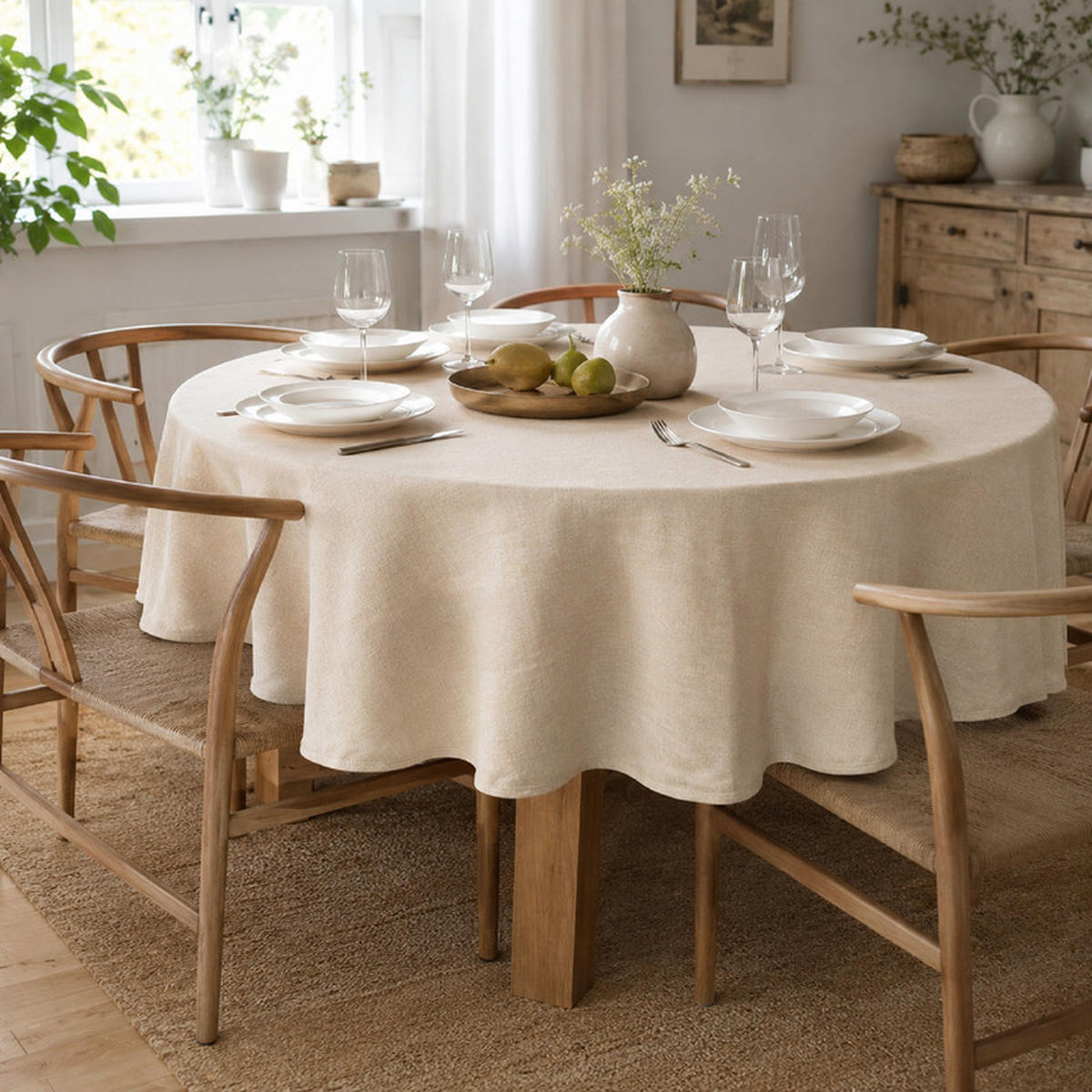 RUNDE Tischdecke Beige Ø160 cm Leinenoptik Wasserabweisend Waschbar für Esszimmer Küche - Beige, Textil (160/160cm) - SHOPENTRA