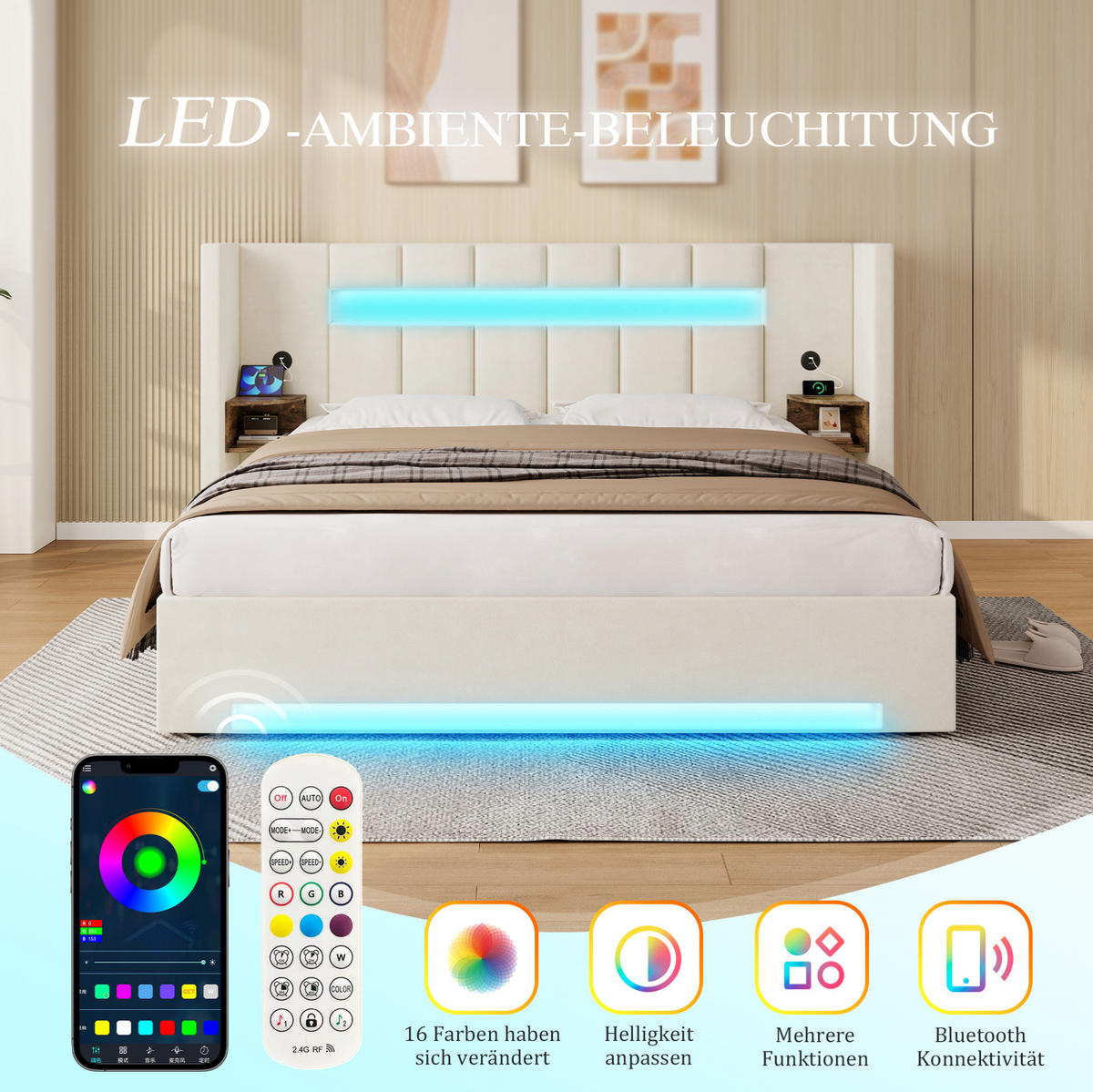 BETT mit USB, LED und Stauraum 180x200 cm Samt Beige - Beige, Metall (180/200cm) - Meubliv