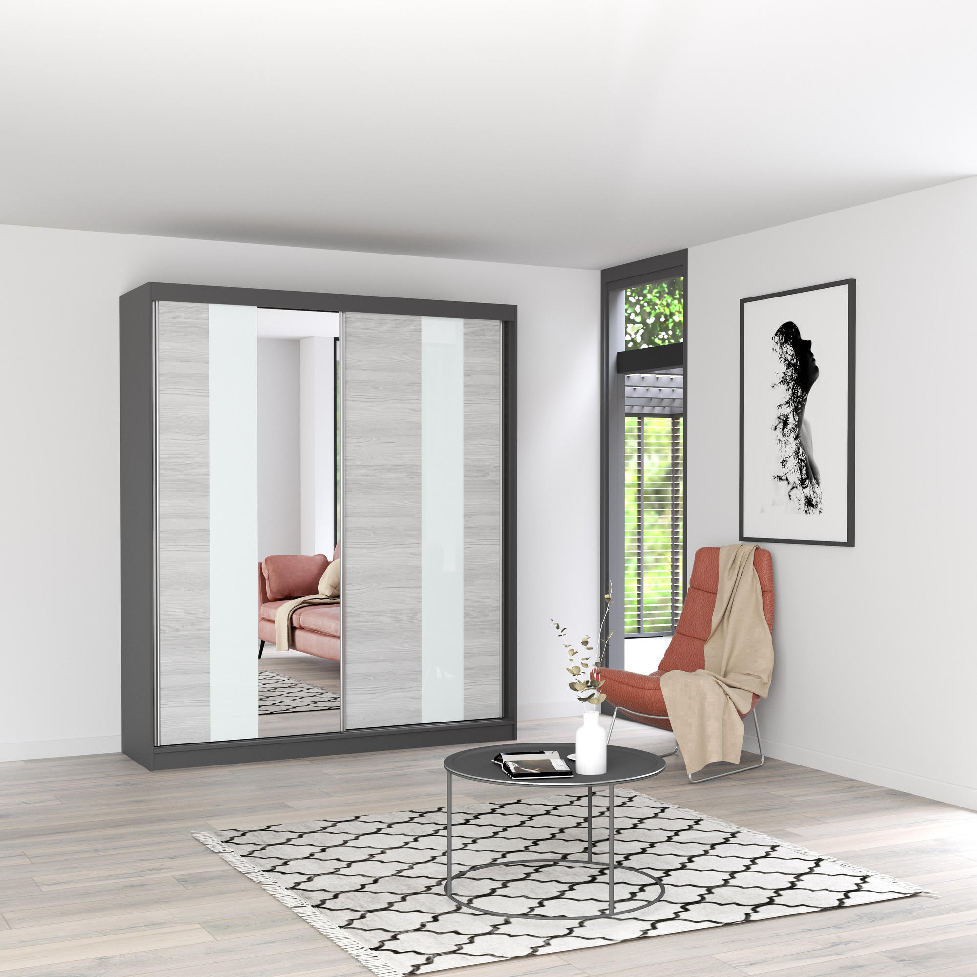 SCHWEBETÜRENSCHRANK MULTI 32 Graphit, Kathult Weiß, ohne LED Beleuchtung 203 cm - Weiß/Grau, Glas/Holz (203/218/61cm) - imoebel24