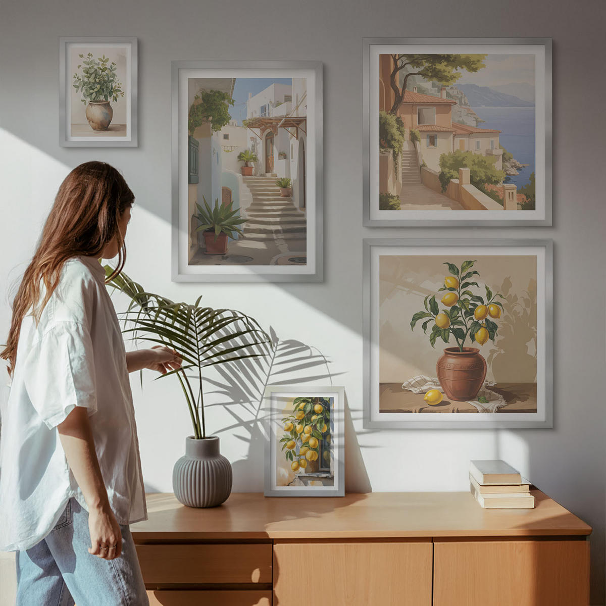 WANDBILDER 5er Set - 50x50 cm & 20x30 cm & 40x60 cm Silberner Rahmen - Blumen in einer Vase, ein Meer aus Zitronen - Silberfarben, Kunststoff (40/60cm) - ArtPrintCave