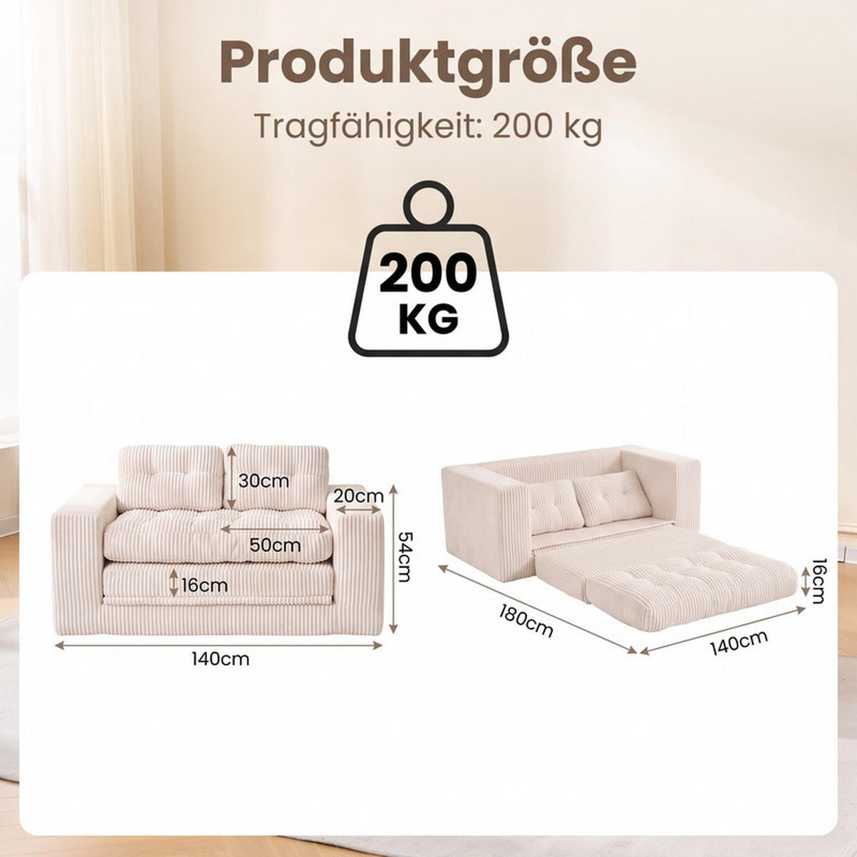 SCHLAFSOFA 140/85/54 cm Beige Cord - Beige, Textil (85/54/140cm) - Oxeza