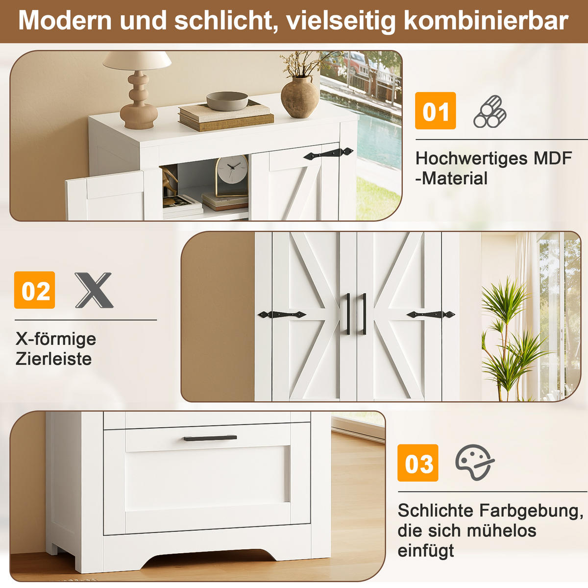 HIGHBOARD DE-38698 60/30/128 cm 2 Schubladen und Scheunentür Weiß - Weiß, Holzwerkstoff (60/128/30cm) - ComfortXL