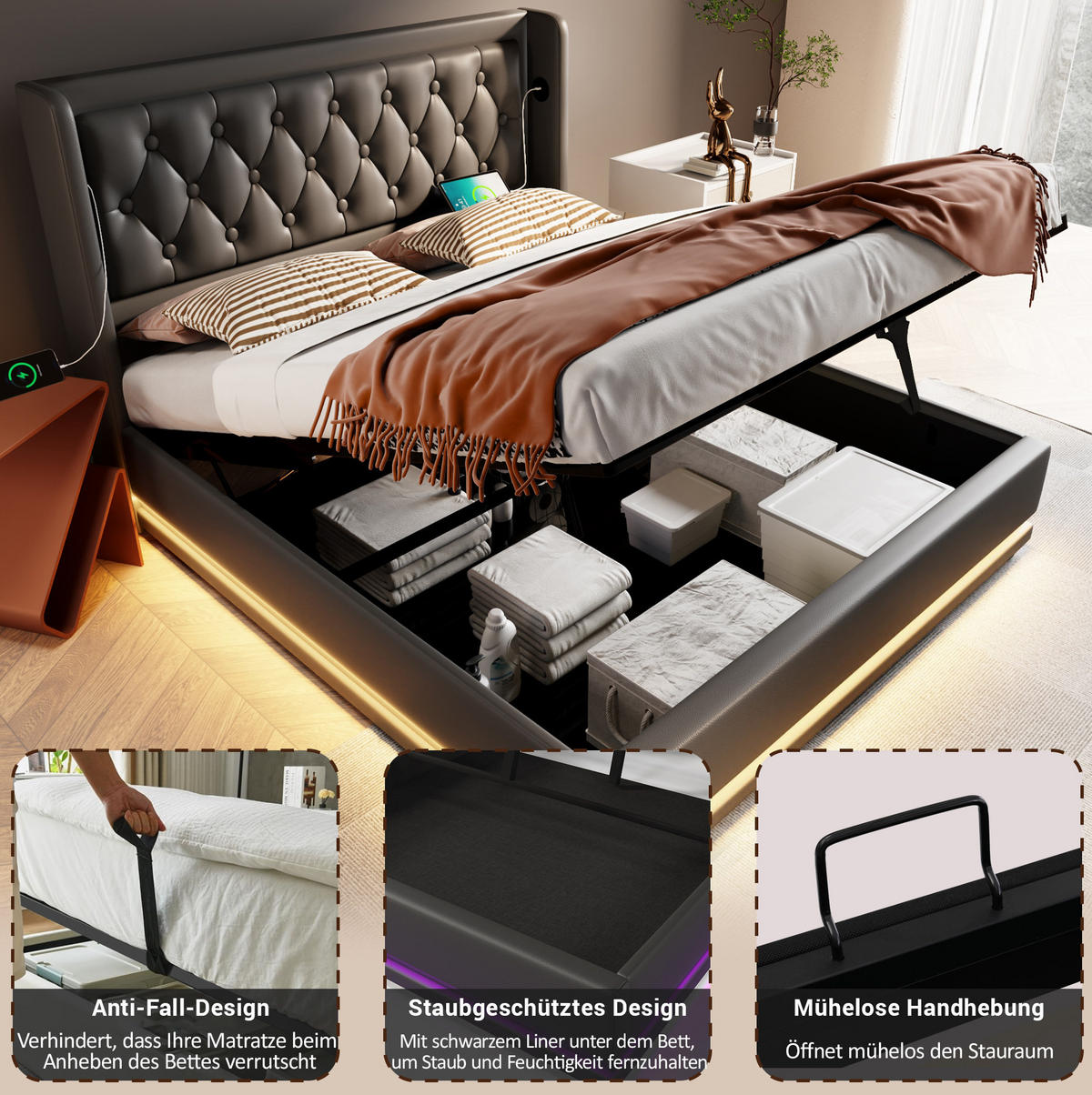 POLSTERBETT 160/200 cm Schwarz aus PU mit Stauraum, LED und USB Typ-C - Schwarz, Kunststoff (160/200cm) - OKMYHOME